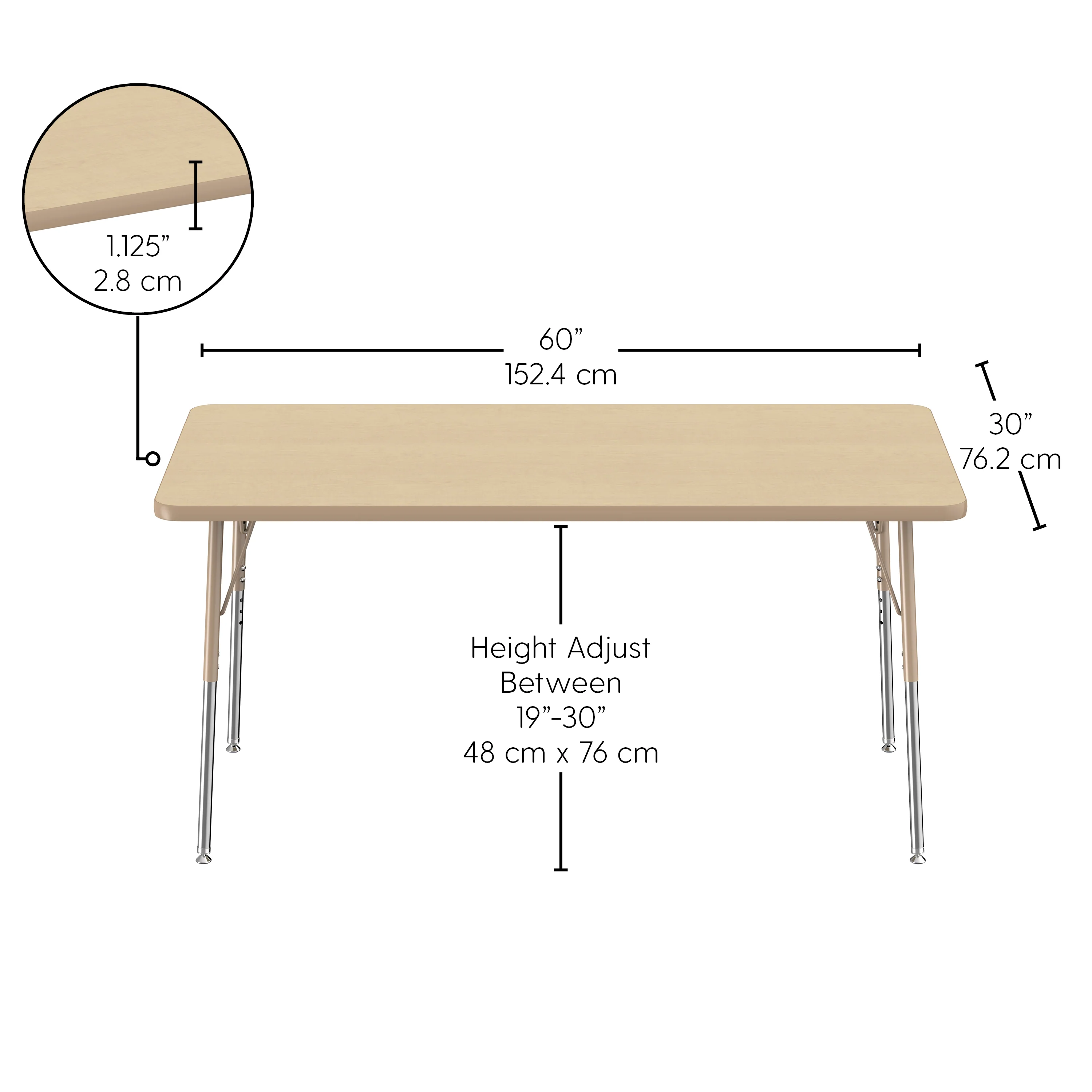30" x 60" Maple Adjustable Activity Table | Durable Classroom Table with Standard Chrome Legs - Image 3