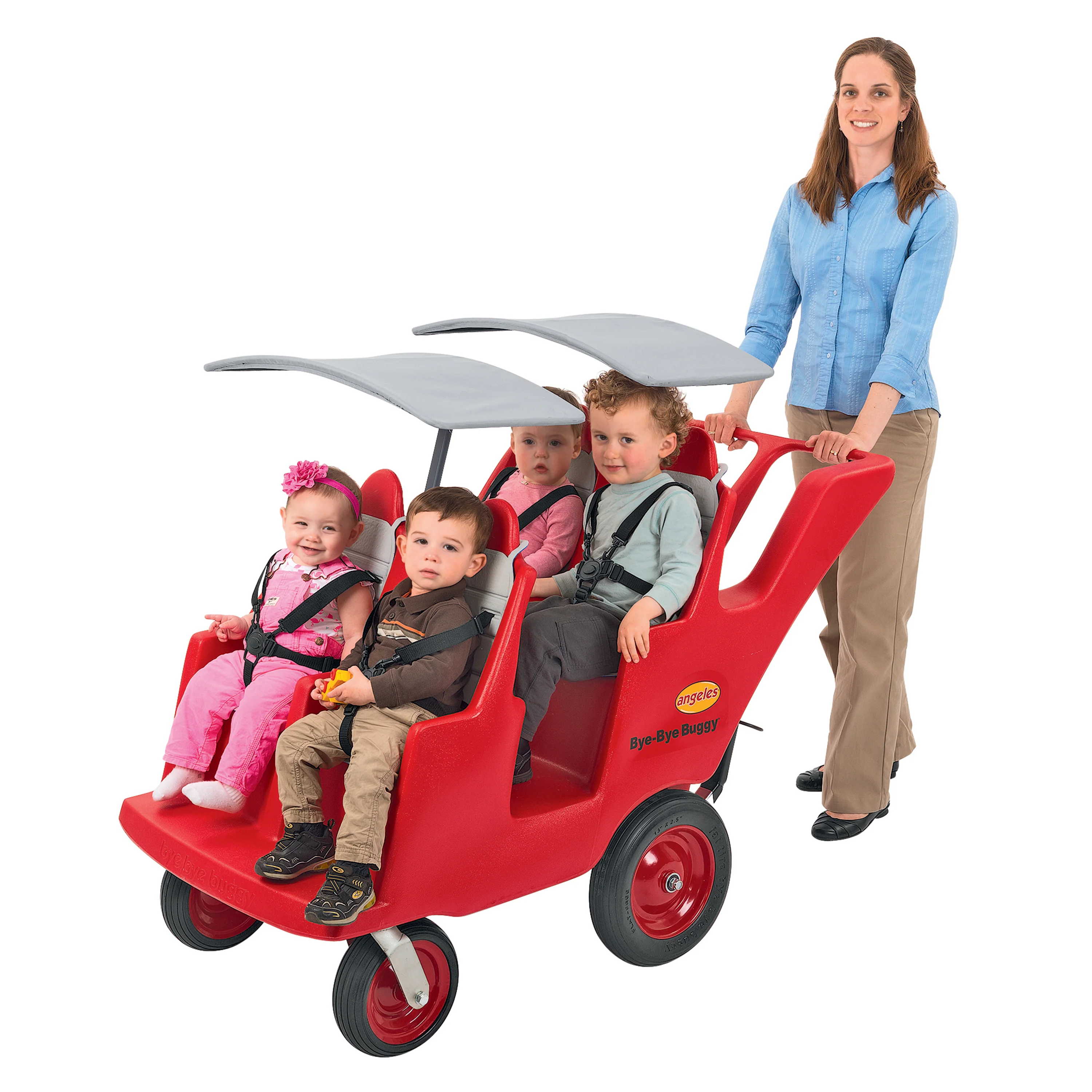 Bye Bye Buggy® 4-Passenger Stroller | Red with Gray Cushions | Easy-Maneuver Multi-Child Transport Buggy