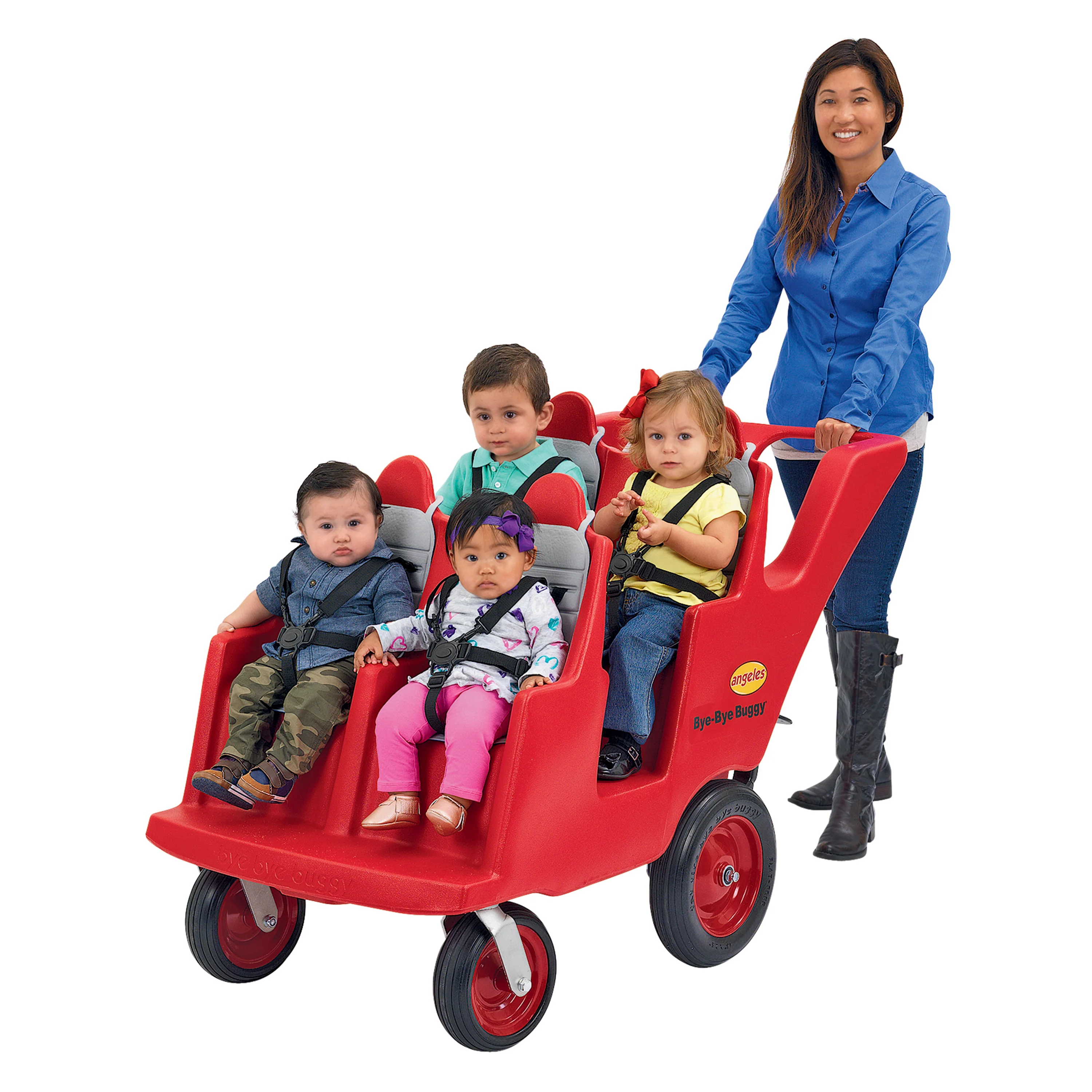 Bye Bye Buggy® 4-Passenger Stroller | Red with Gray Cushions | Easy-Maneuver Multi-Child Transport Buggy - Image 2
