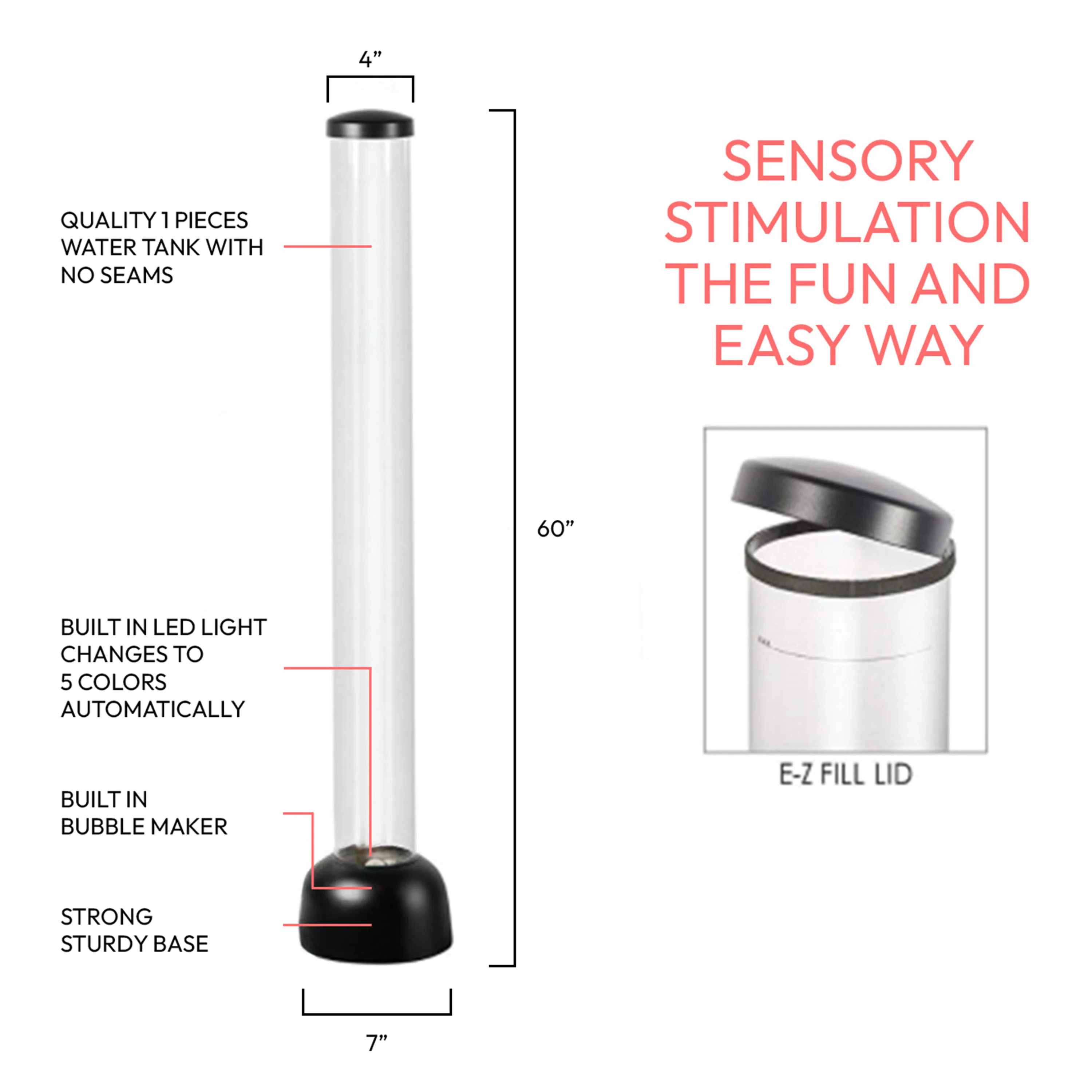 5ft Sensory LED Bubble Tube Lamp | Color-Changing Calming Column with Floating Fish, Remote & Wall-Mount Brackets - Image 2