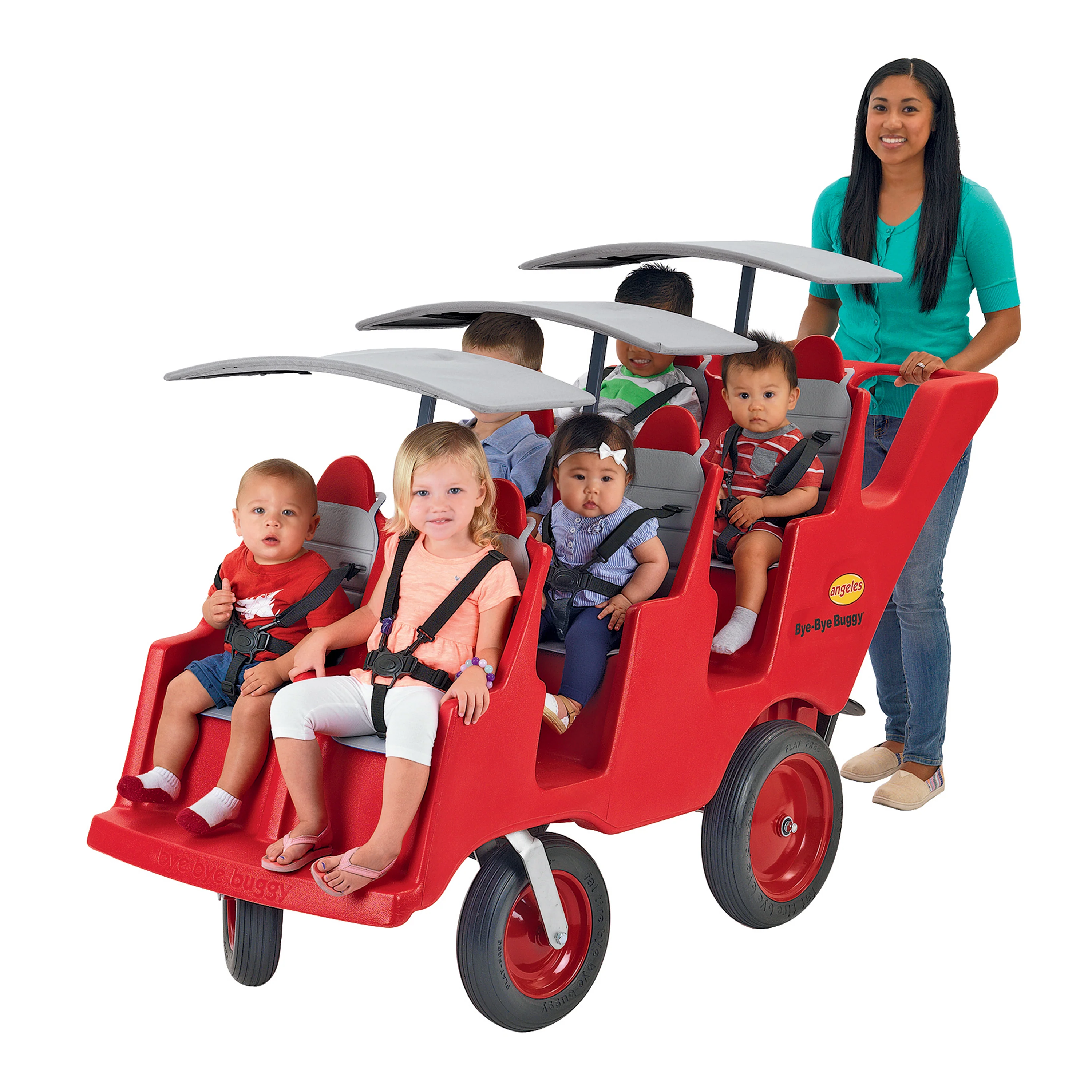 Bye Bye Buggy® 6-Passenger Stroller | Red with Gray Cushions | Easy-Maneuver Multi-Child Transport Buggy