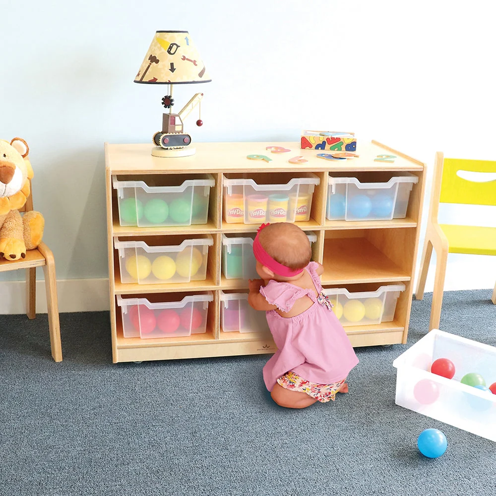 Extra Deep 9-Tray Birch Classroom Storage Unit with Clear Totes & Casters | Mobile Organizer - Image 3