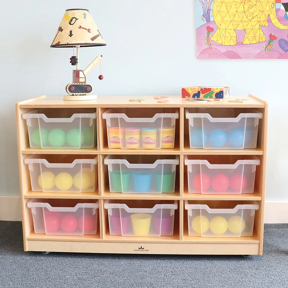 Extra Deep 9-Tray Birch Classroom Storage Unit with Clear Totes & Casters | Mobile Organizer - Image 4