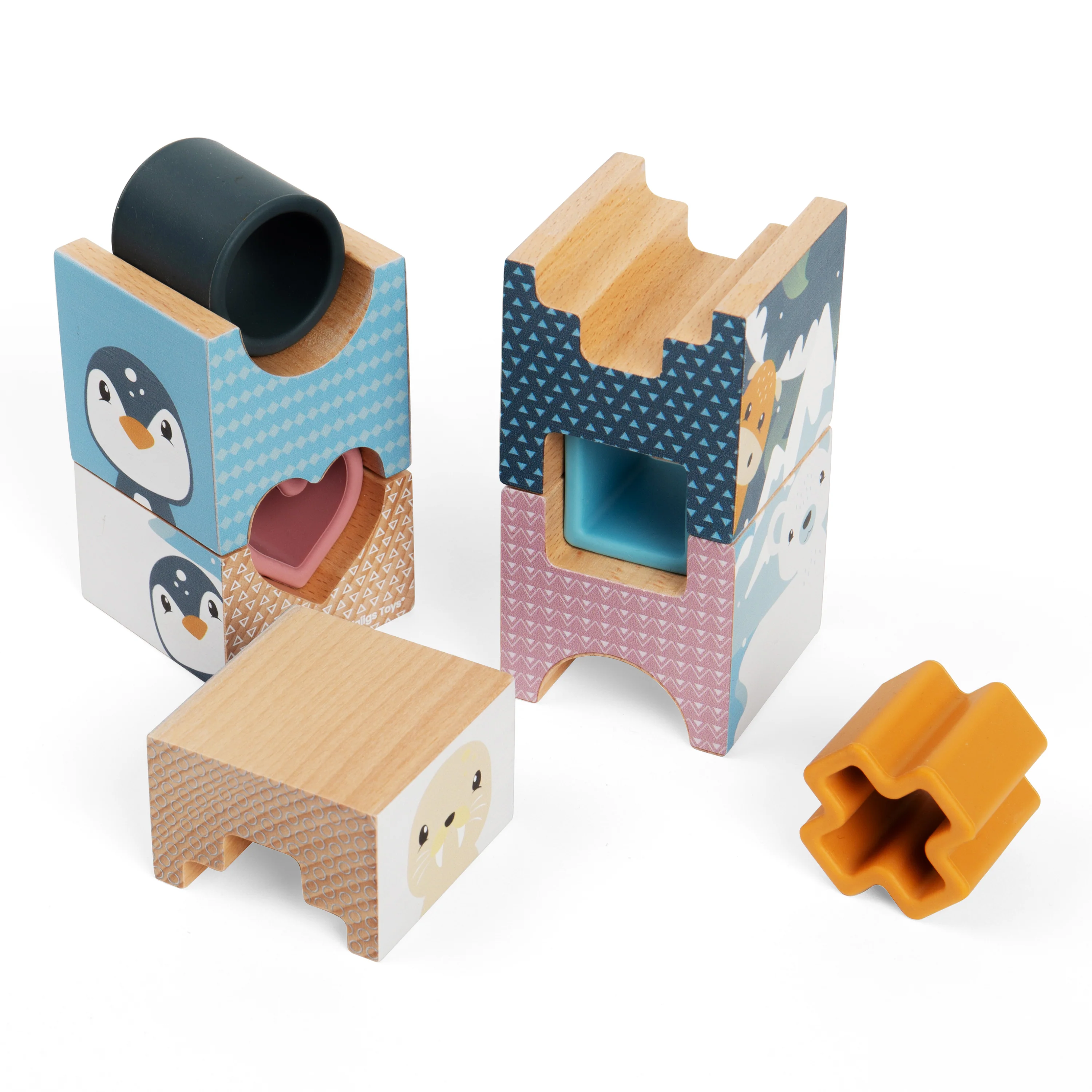 Arctic Tower Puzzle | 9 Piece Silicone & Wooden Shape Sorter Stacking Toy with Arctic Animal Designs