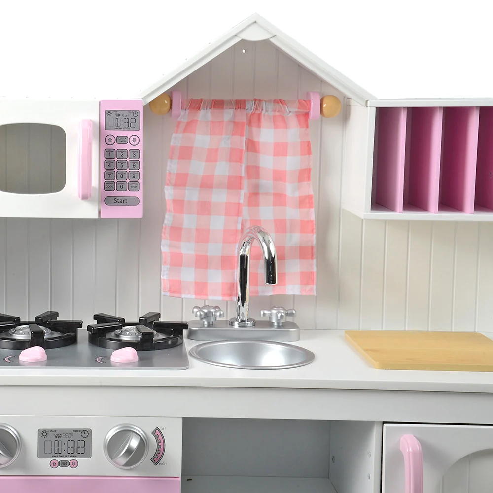 Wooden Play Kitchen with Burners, Sink & Curtains - Image 10
