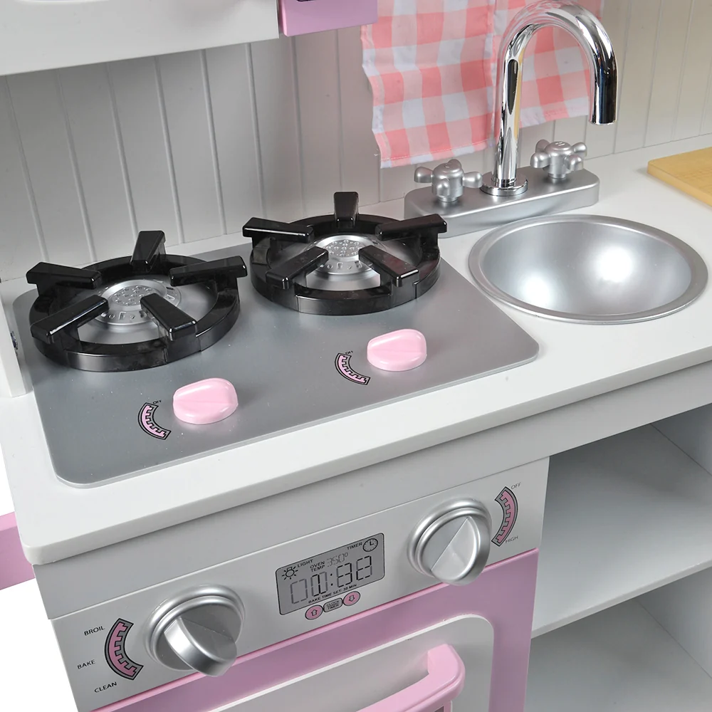 Wooden Play Kitchen with Burners, Sink & Curtains - Image 11