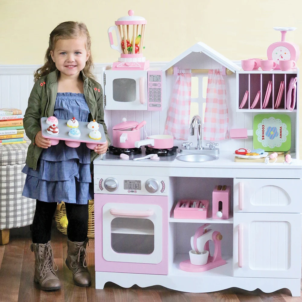 Wooden Play Kitchen with Burners, Sink & Curtains - Image 3