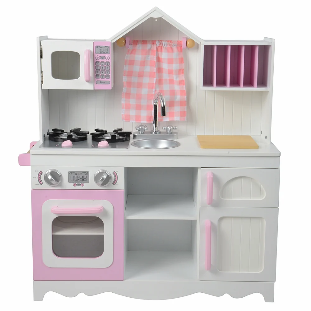 Wooden Play Kitchen with Burners, Sink & Curtains - Image 4