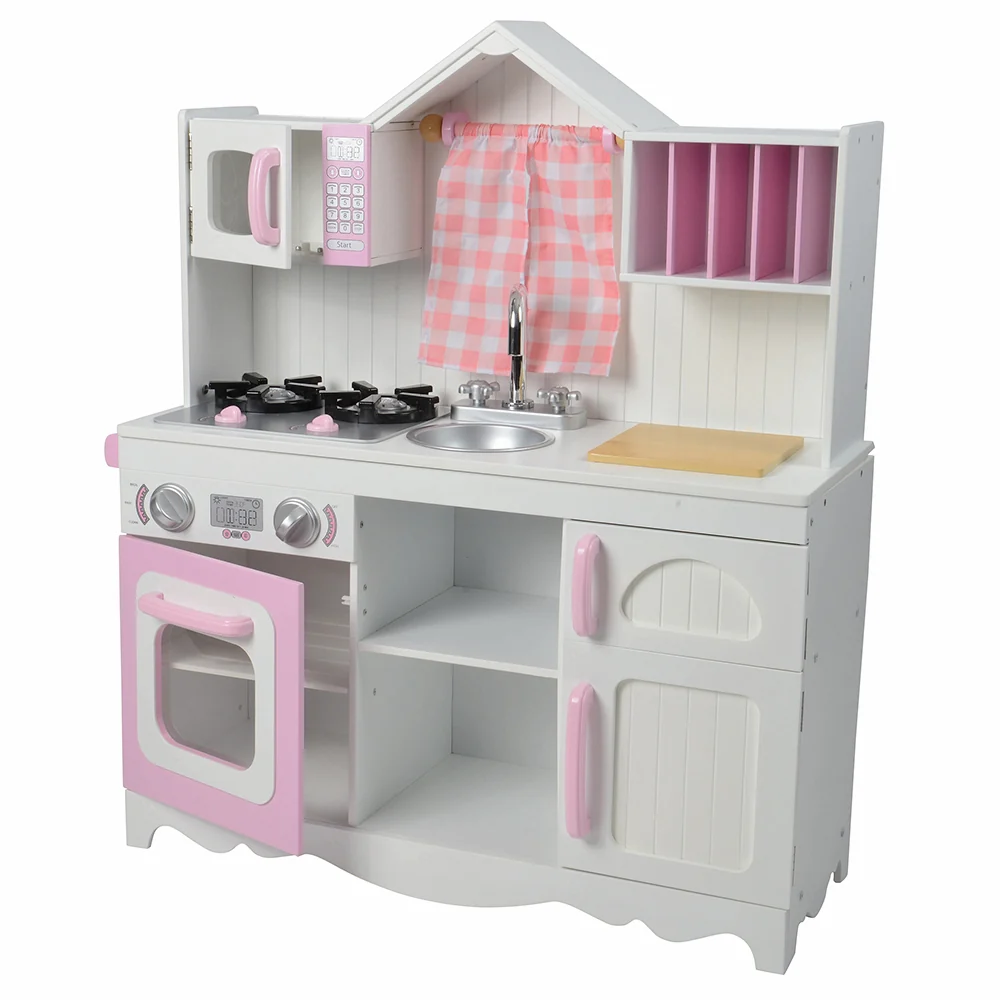 Wooden Play Kitchen with Burners, Sink & Curtains - Image 5