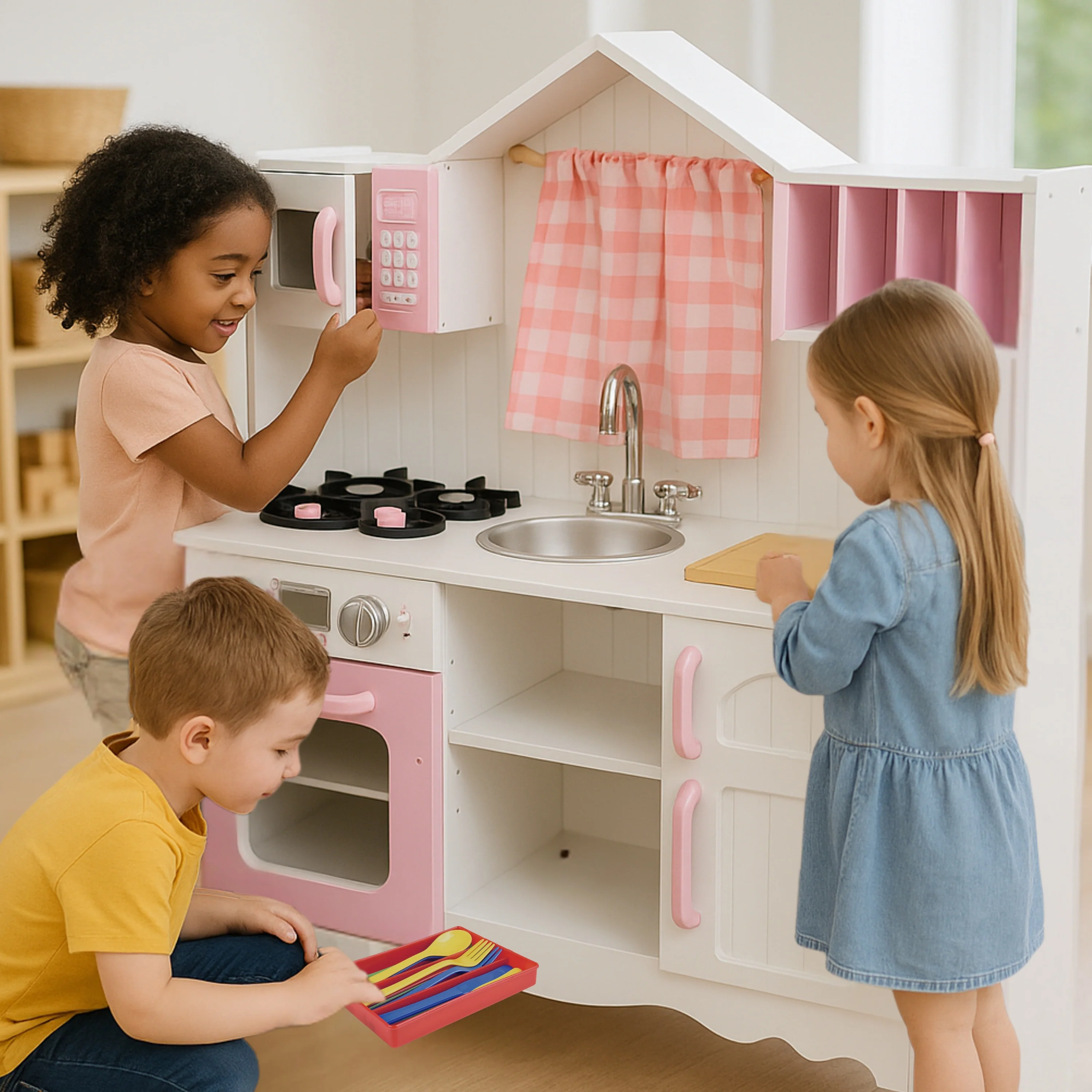 Wooden Play Kitchen with Burners, Sink & Curtains - Image 6
