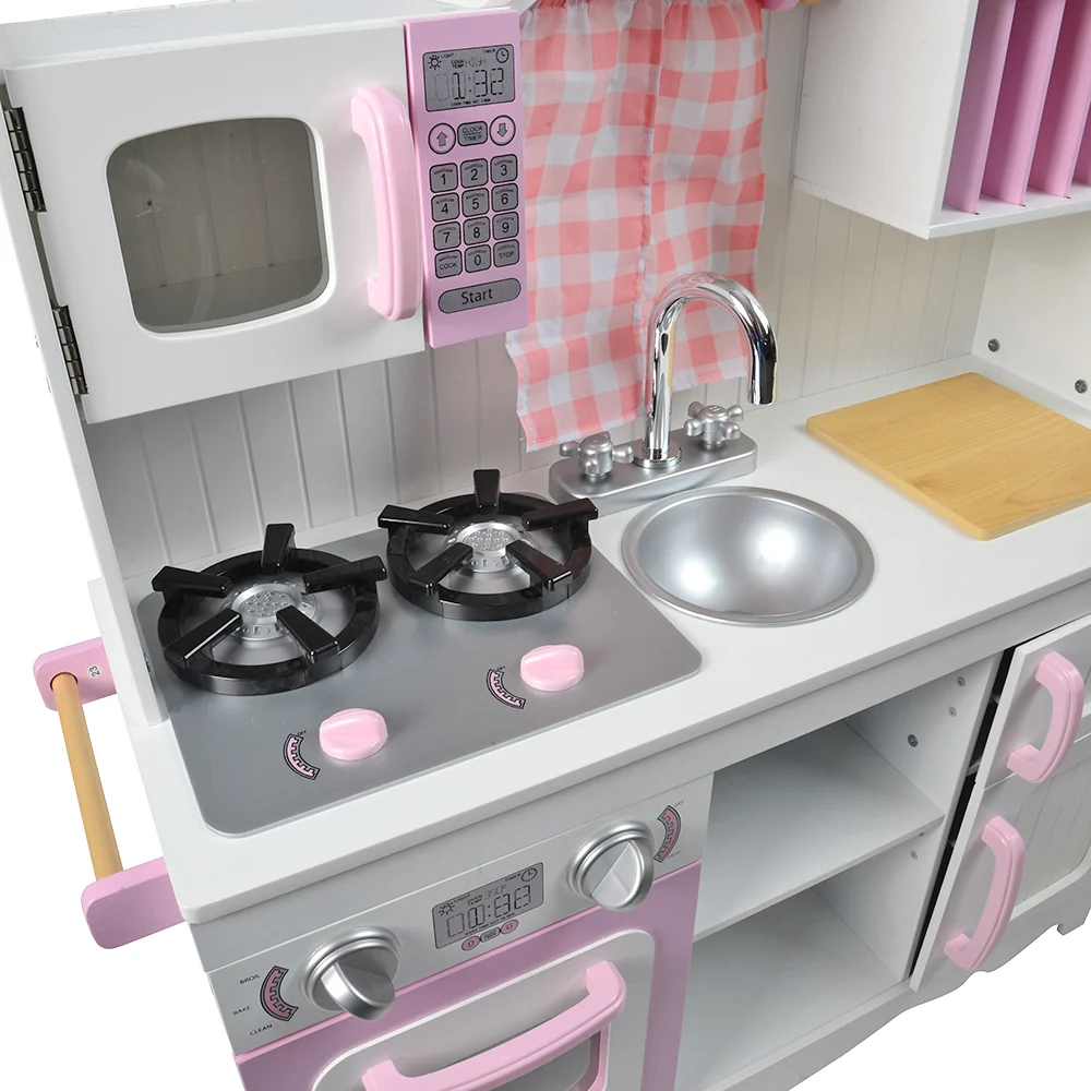 Wooden Play Kitchen with Burners, Sink & Curtains - Image 7