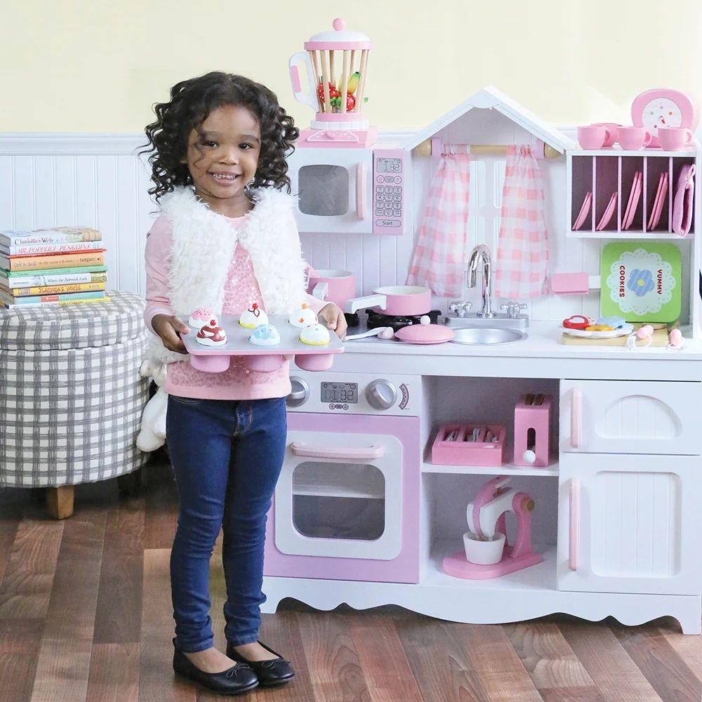 Wooden Play Kitchen with Burners, Sink & Curtains - Image 8