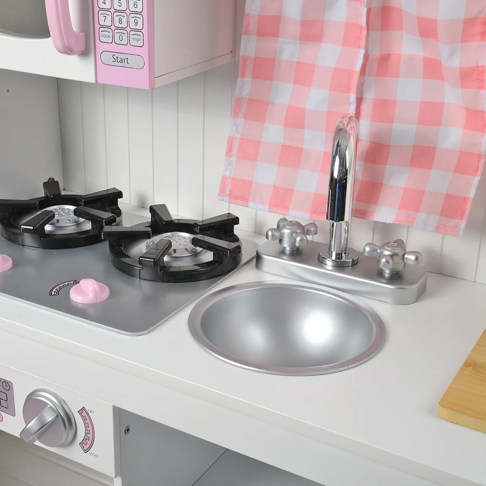 Wooden Play Kitchen with Burners, Sink & Curtains - Image 9