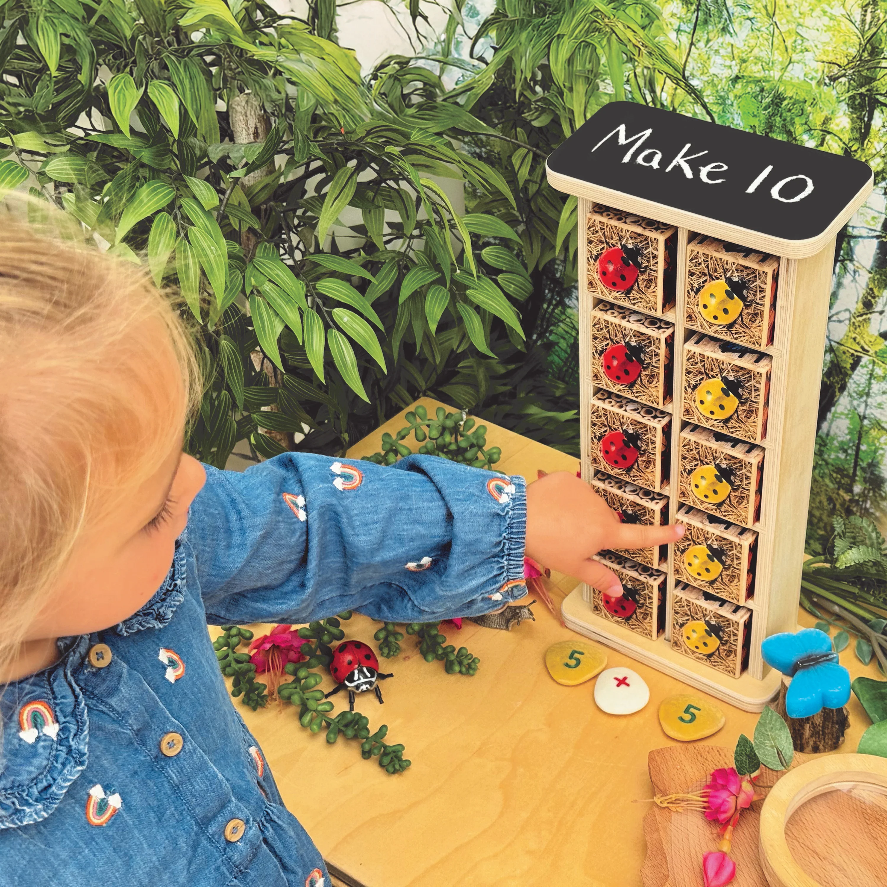 Bug Hotel 10-Frame Wooden Counting Toy | Nature-Inspired Math Learning Set with 10 Bug Cubes - Image 10