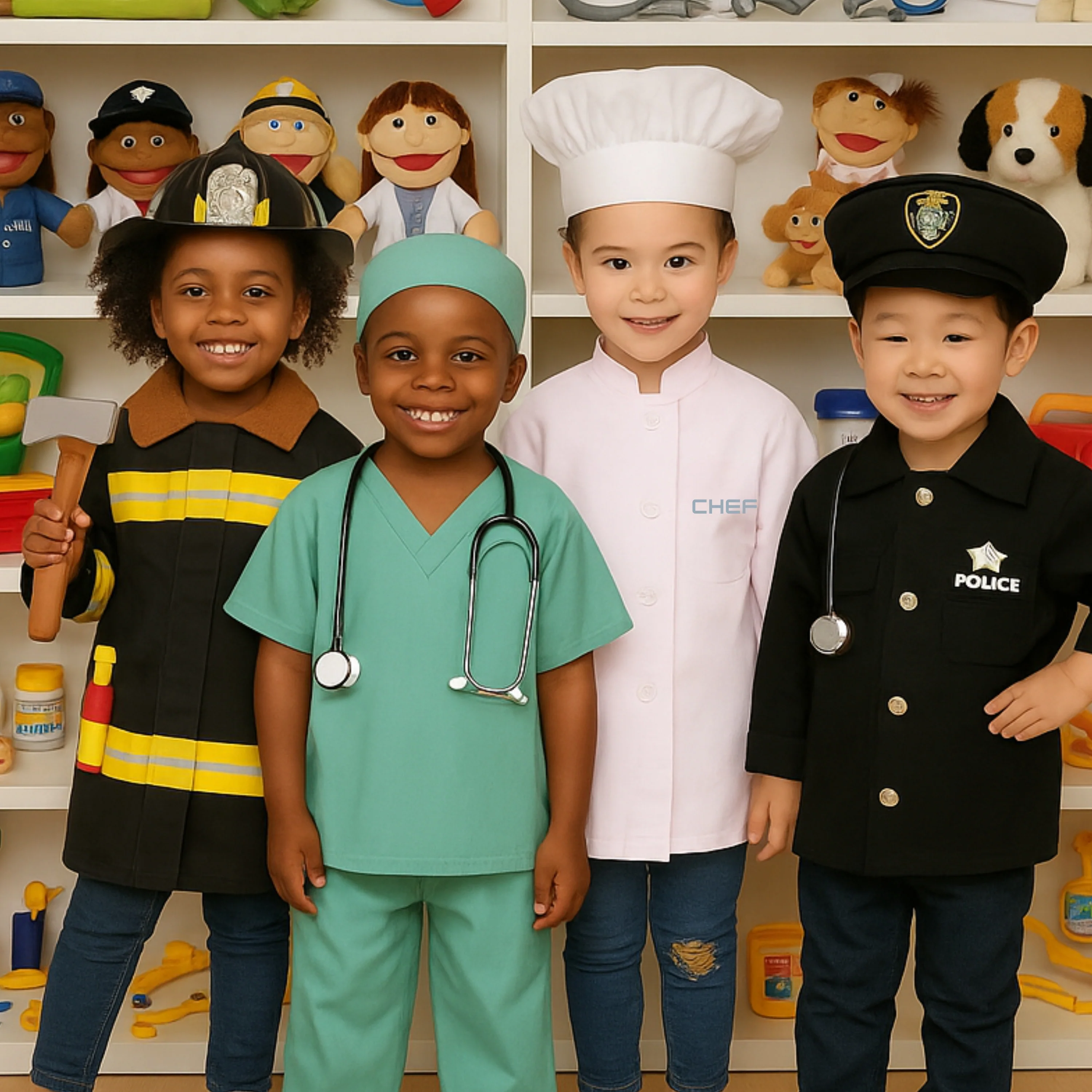 Career Role Play Dress-Up Bundle | 4-Piece Kids Costumes with Police, Firefighter, Surgeon & Chef Outfits