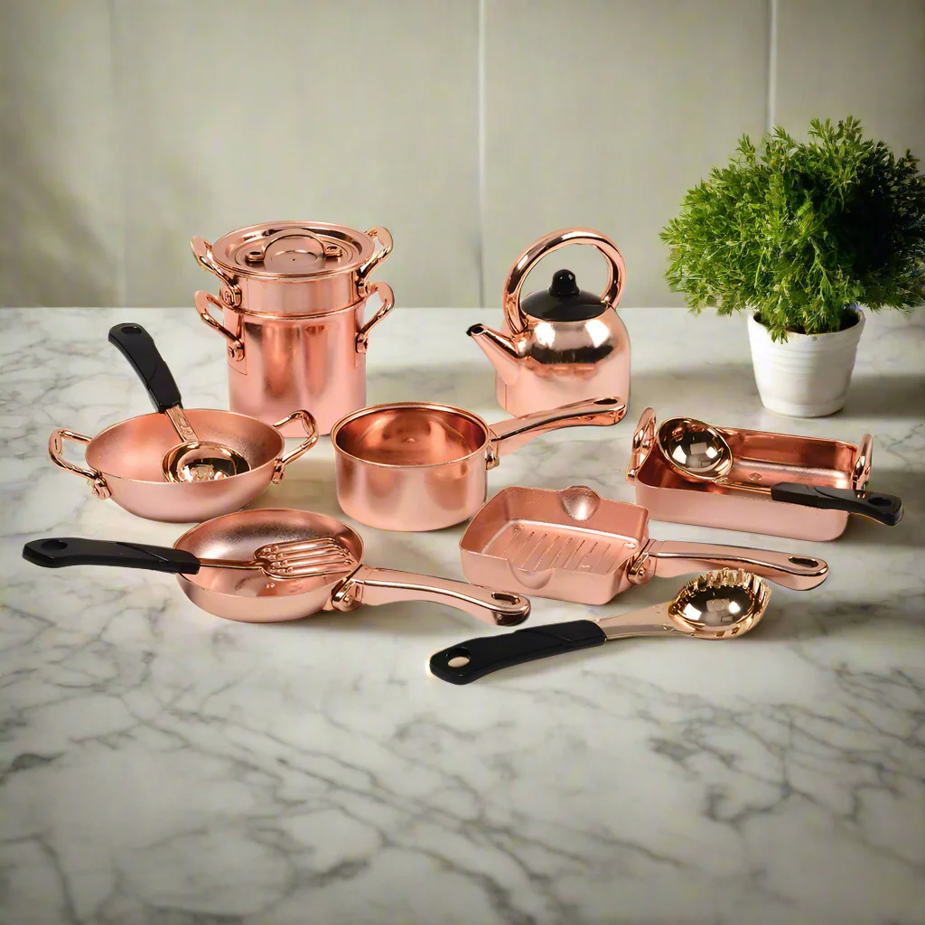 13-Piece Kids' Copper Plastic Cooking Play Set | Realistic Pretend Play Cookware - Image 4