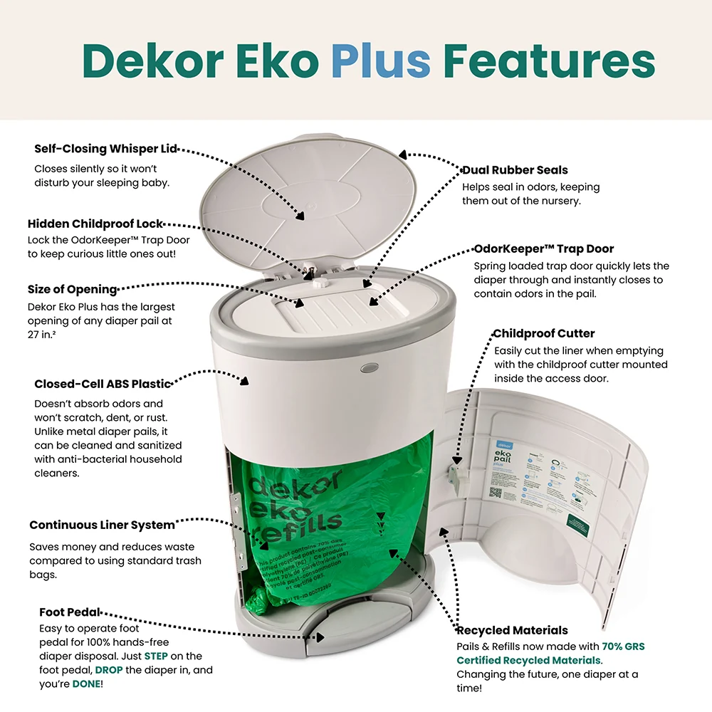 Dekor Eko Plus Hands-Free Diaper Pail | Odor-Controlled, Eco-Friendly Solution - Image 3