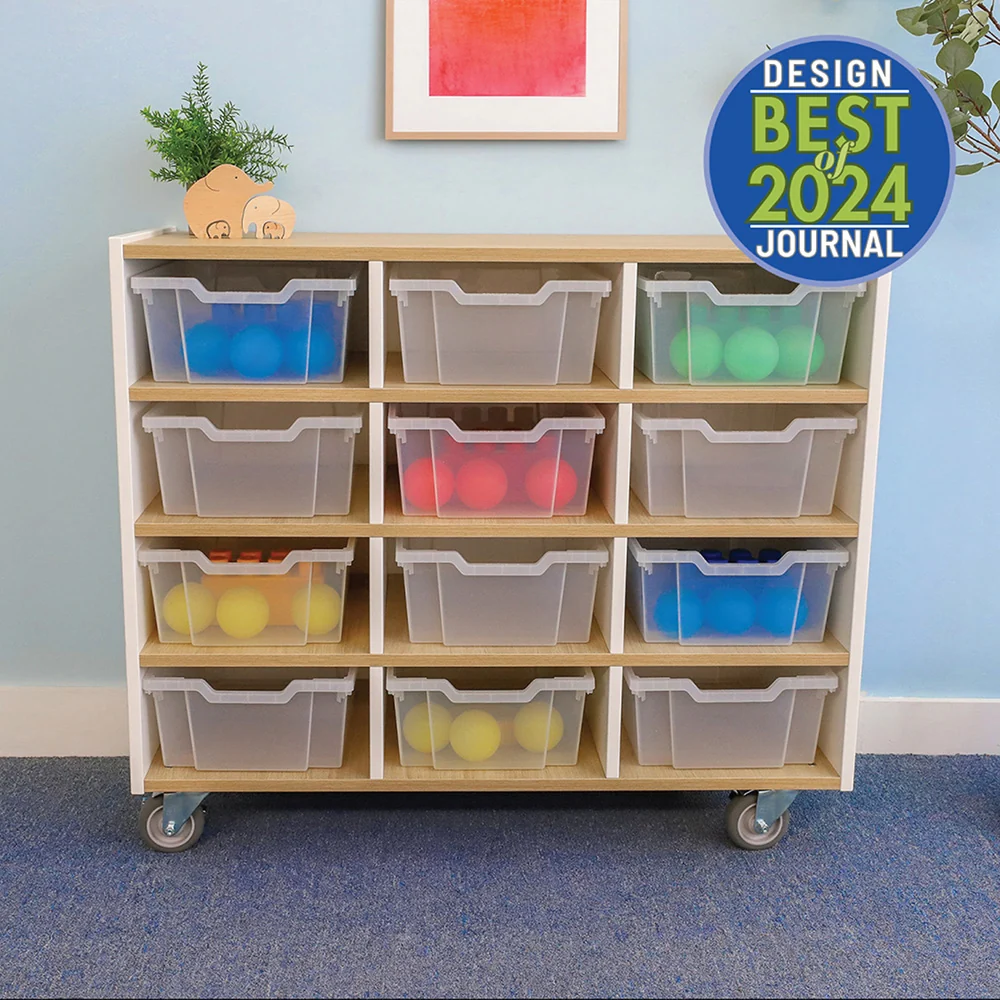 elevatED™ 12-Tray Mobile Storage Cabinet | Modern White Oak Classroom Organizer with Locking Casters