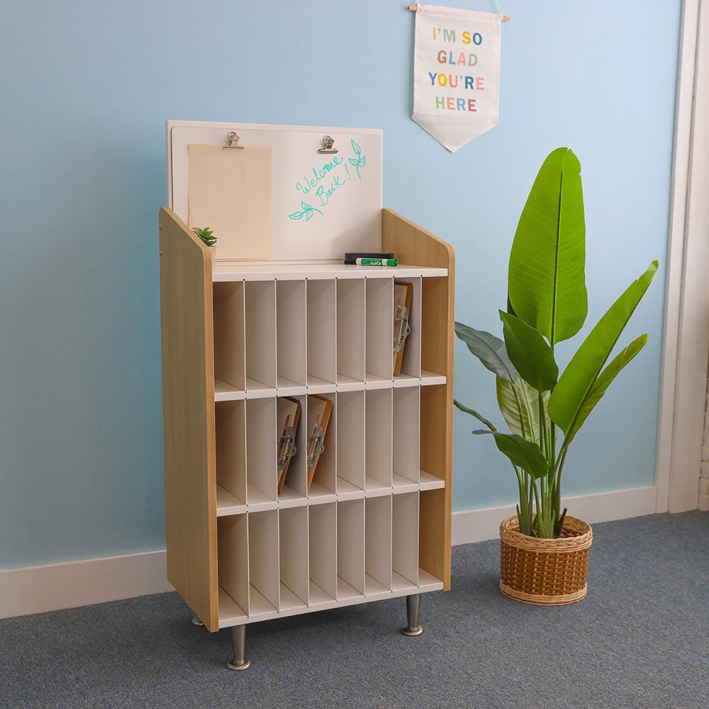 ElevatED™ Modern Classroom Mail & Message Center | White Oak Teacher Communication Hub with 24-Slot Organizer & Dry Erase Board