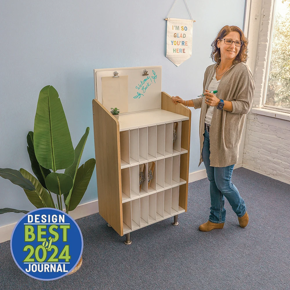 ElevatED™ Modern Classroom Mail & Message Center | White Oak Teacher Communication Hub with 24-Slot Organizer & Dry Erase Board - Image 3