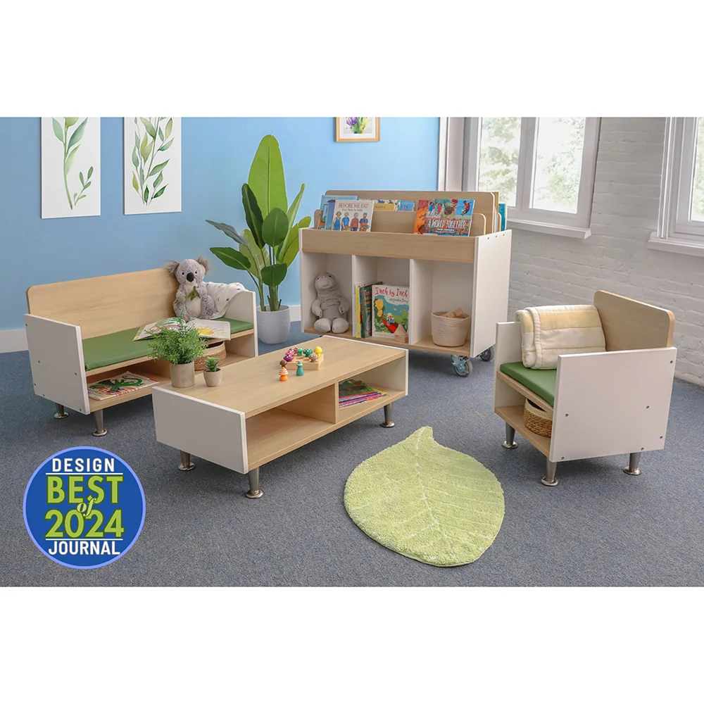 elevatED™ Modern Classroom Sofa with Storage | White Oak & Green Cushion Reading Bench for Kids - Image 5