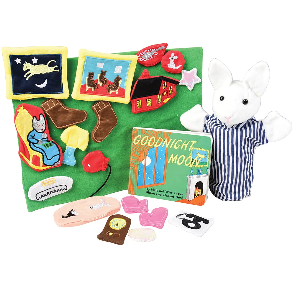 Goodnight Moon Puppet and Props Storytelling Set with Board Book* | Bunny Hand Puppet, 19 Fabric Story Props, Backdrop & Storage Bag