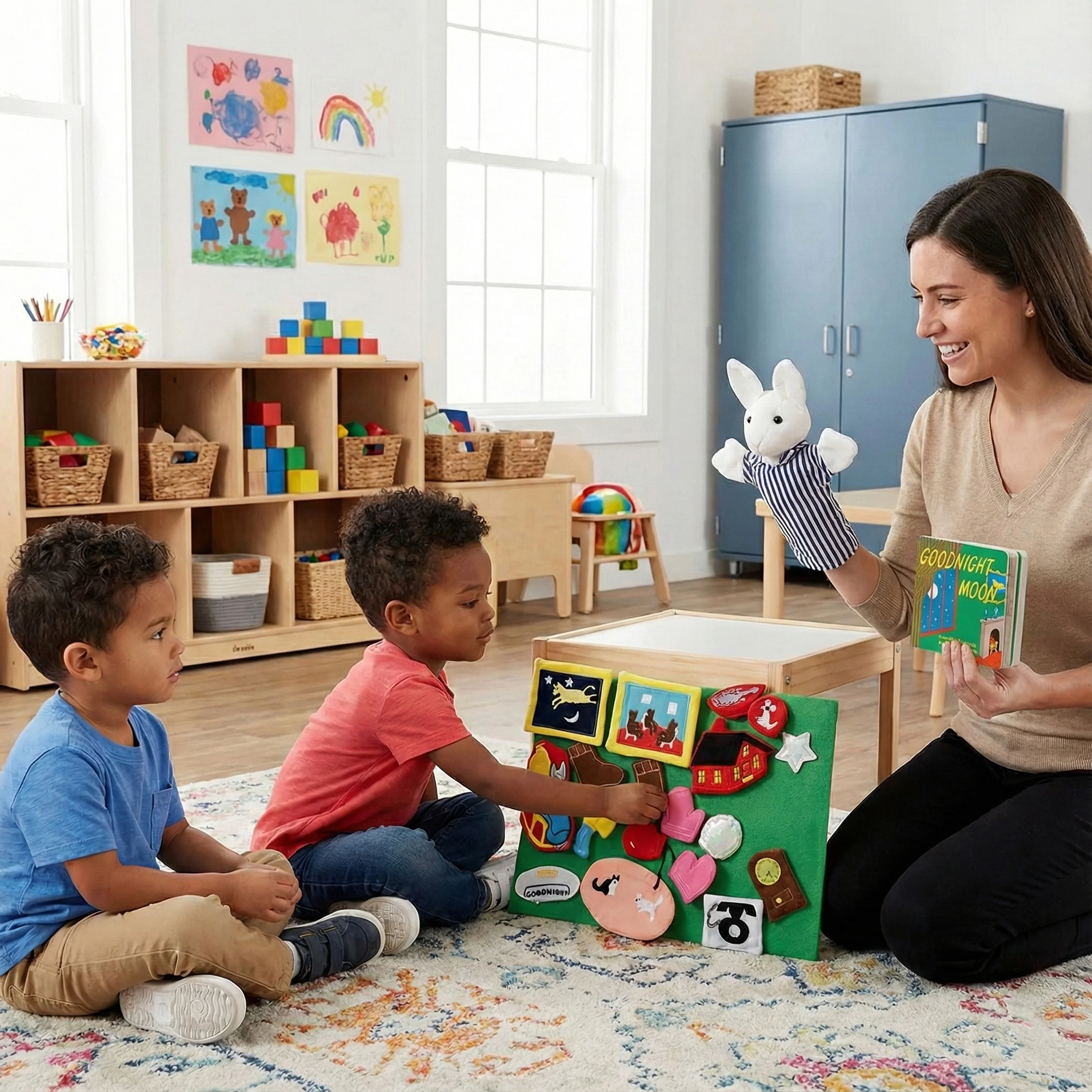 Goodnight Moon Puppet and Props Storytelling Set with Board Book* | Bunny Hand Puppet, 19 Fabric Story Props, Backdrop & Storage Bag - Image 2