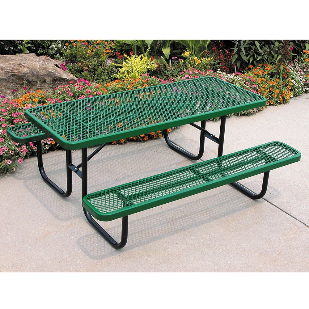 Heavy Duty 8-Foot Rectangular Picnic Table with Diamond-Shaped Pattern | Commercial 9-Gauge Steel Walk-Through Outdoor Table