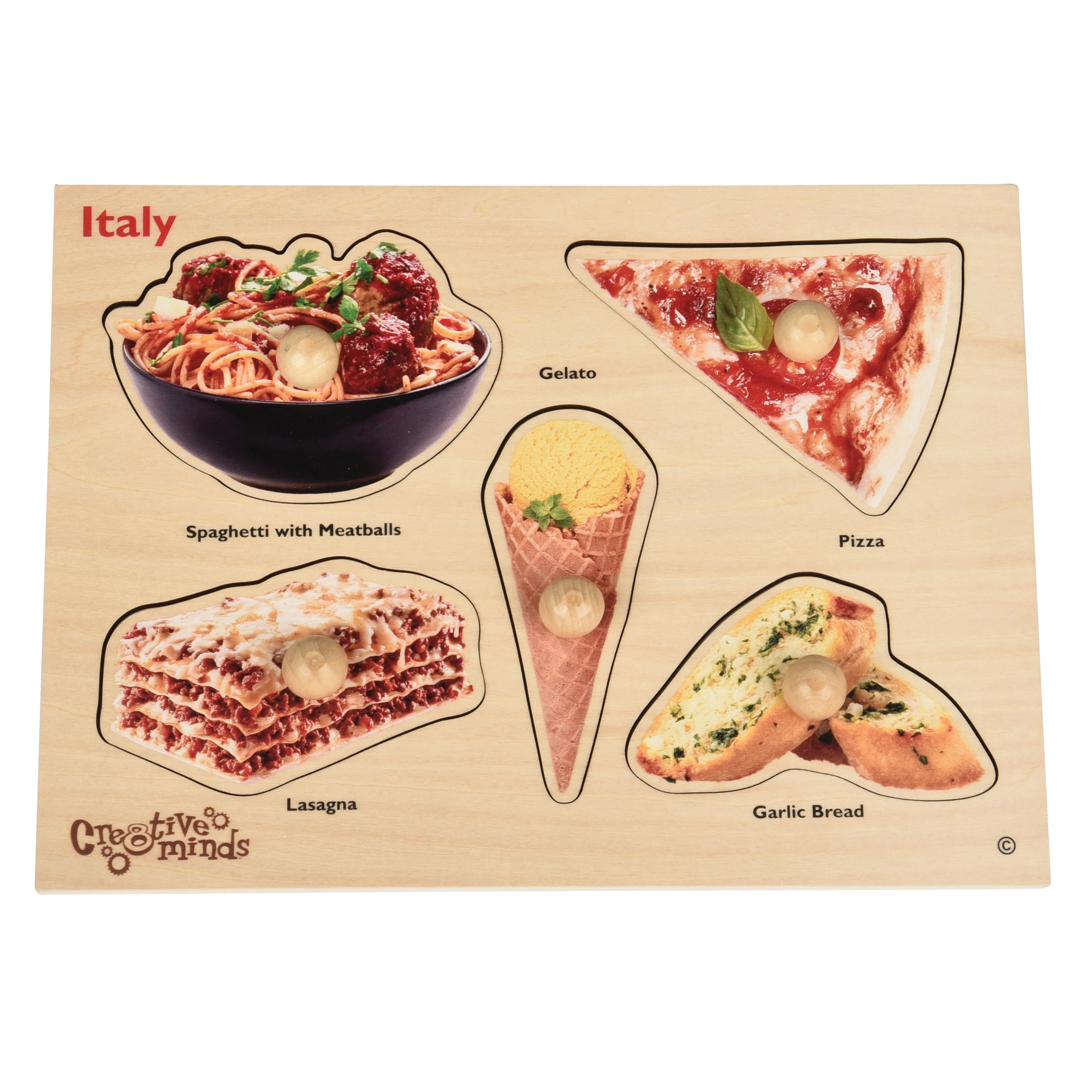 Italian Food Wooden Knob Puzzle | Preschool Peg Puzzle Featuring Real Food Photography