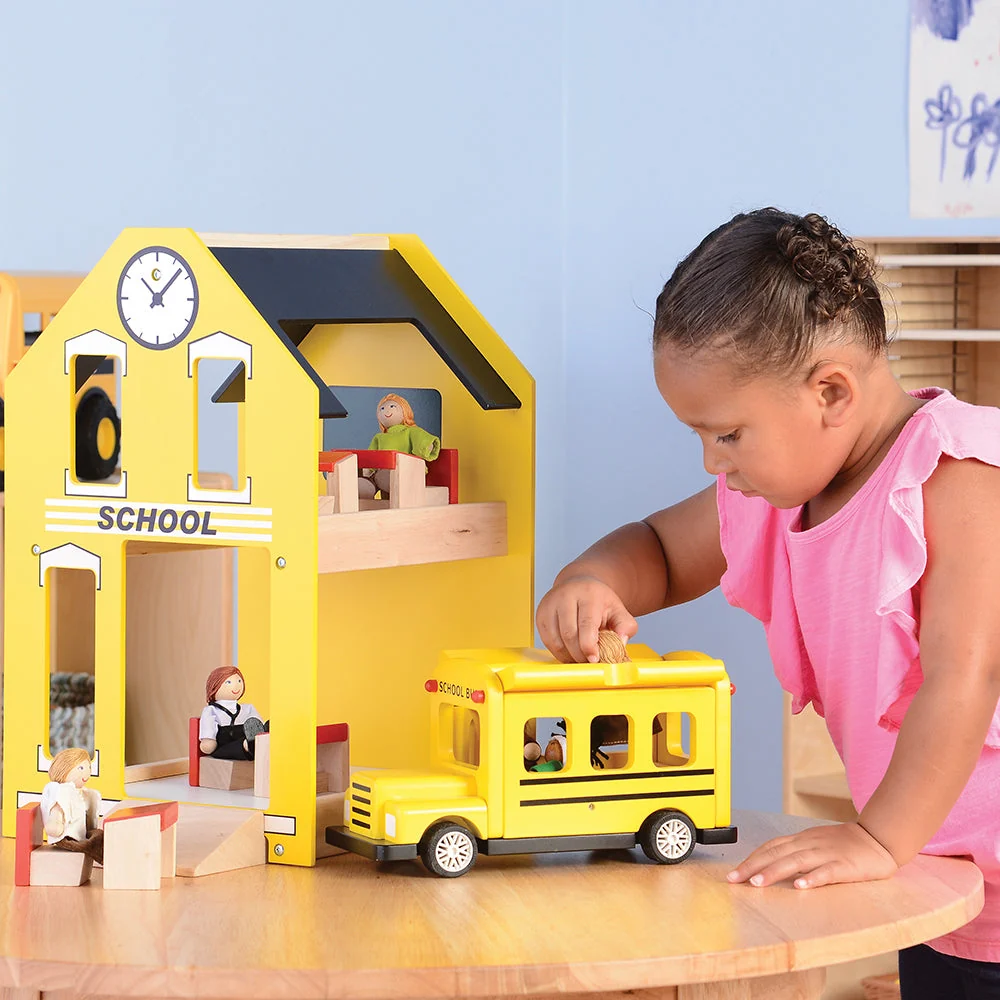 Let's Play School Wooden Playset | Schoolhouse with Chalkboard, Bus, Teacher & 4 Students - Image 10