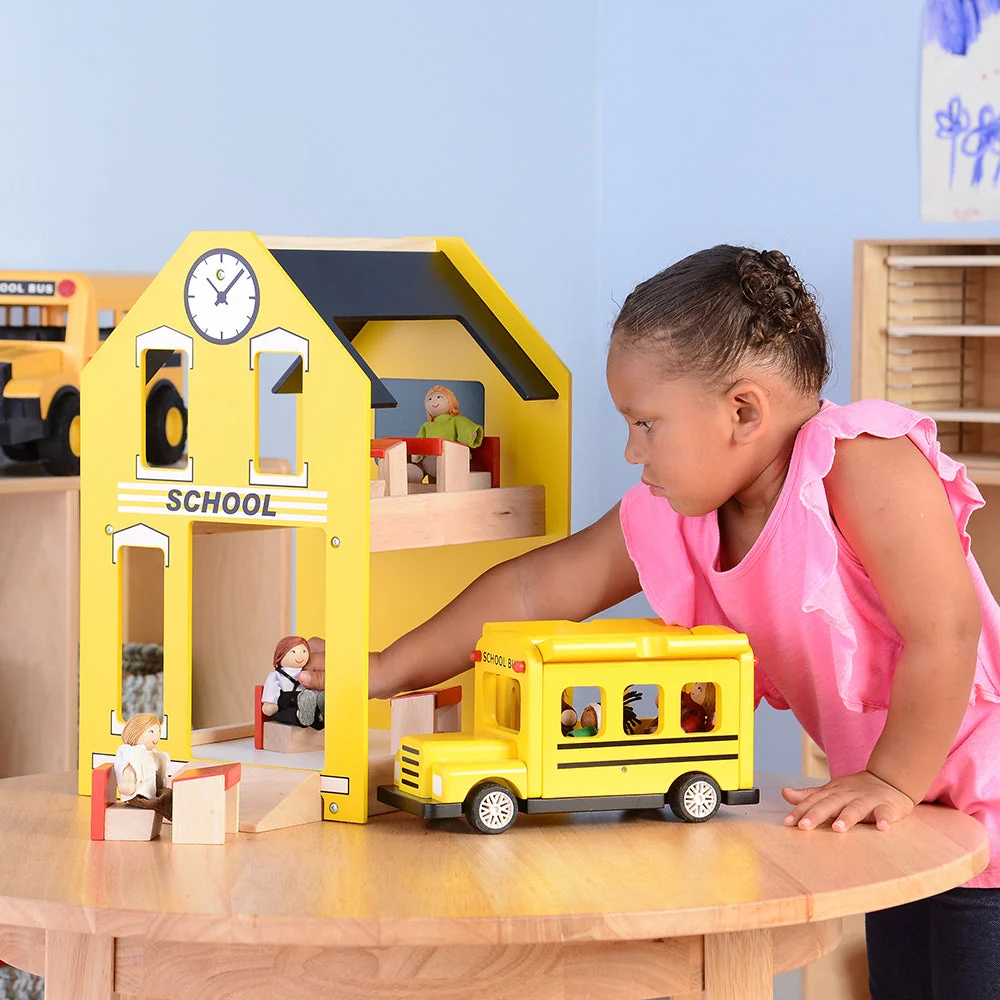 Let's Play School Wooden Playset | Schoolhouse with Chalkboard, Bus, Teacher & 4 Students - Image 11