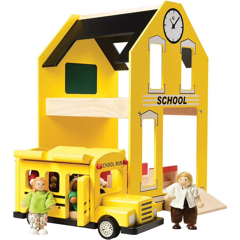 Let's Play School Wooden Playset | Schoolhouse with Chalkboard, Bus, Teacher & 4 Students - Image 3