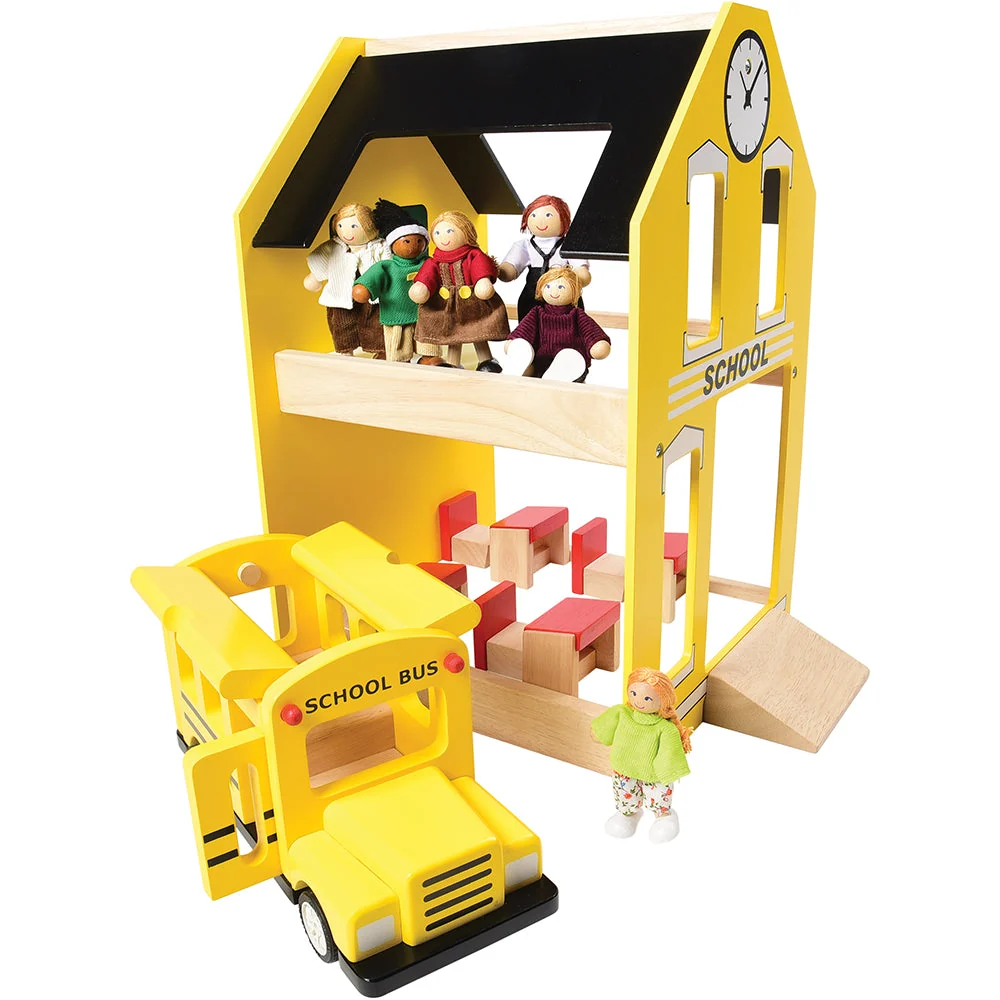 Let's Play School Wooden Playset | Schoolhouse with Chalkboard, Bus, Teacher & 4 Students - Image 4