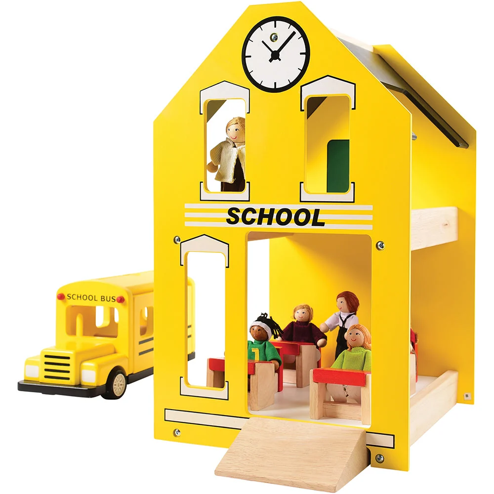 Let's Play School Wooden Playset | Schoolhouse with Chalkboard, Bus, Teacher & 4 Students - Image 5