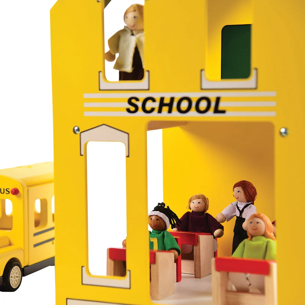 Let's Play School Wooden Playset | Schoolhouse with Chalkboard, Bus, Teacher & 4 Students - Image 7