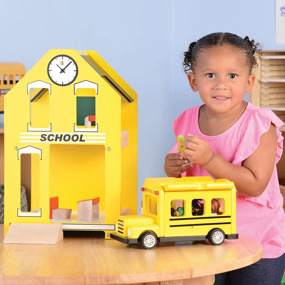 Let's Play School Wooden Playset | Schoolhouse with Chalkboard, Bus, Teacher & 4 Students - Image 8