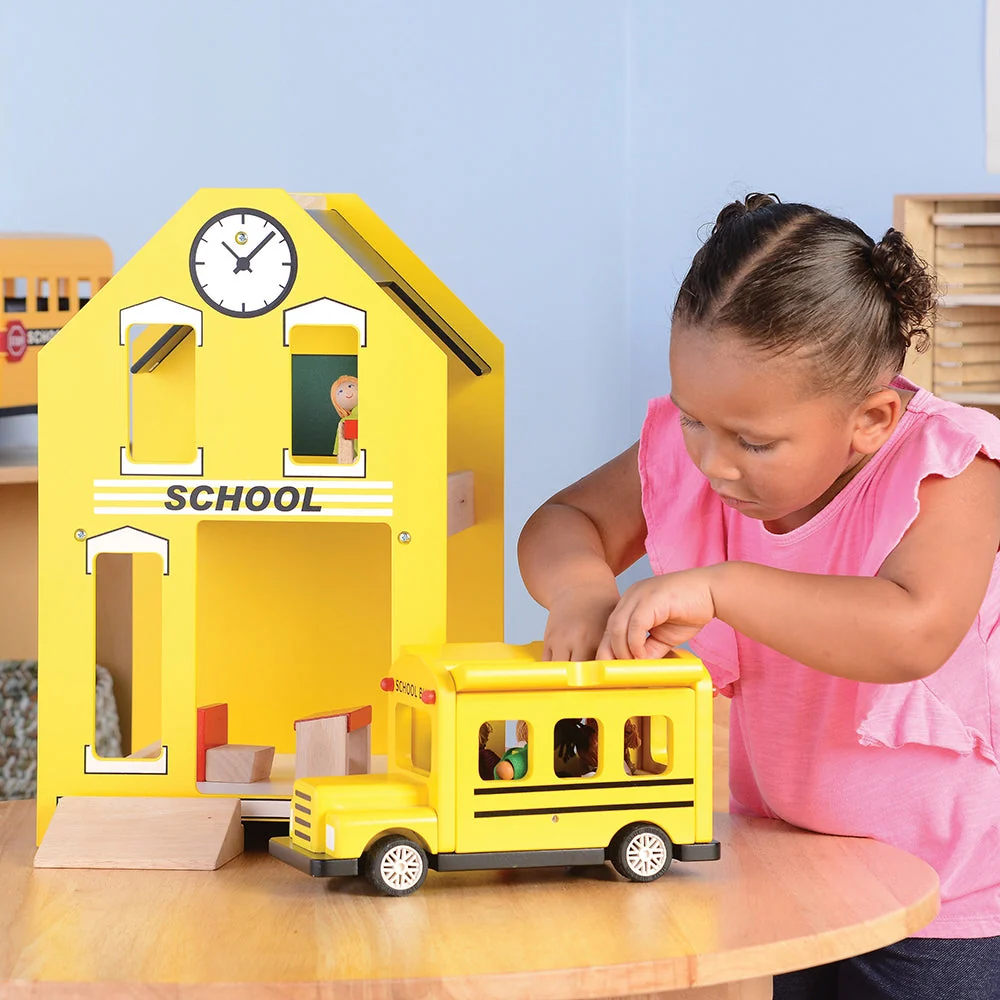 Let's Play School Wooden Playset | Schoolhouse with Chalkboard, Bus, Teacher & 4 Students - Image 9