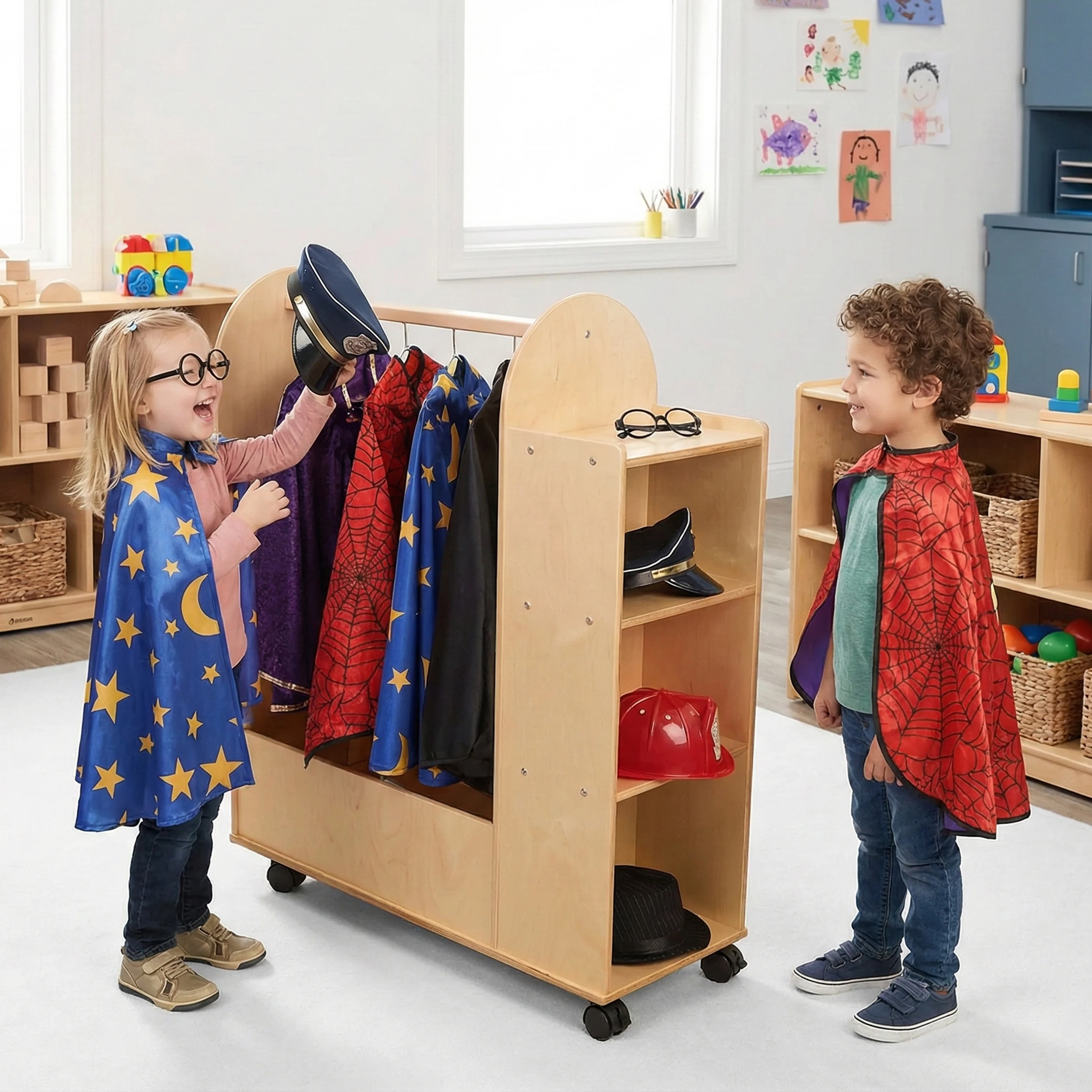 Rolling Dress Up Unit Storage Cart with Mirror and Hooks | For Kids' Clothes & Accessories - Image 2