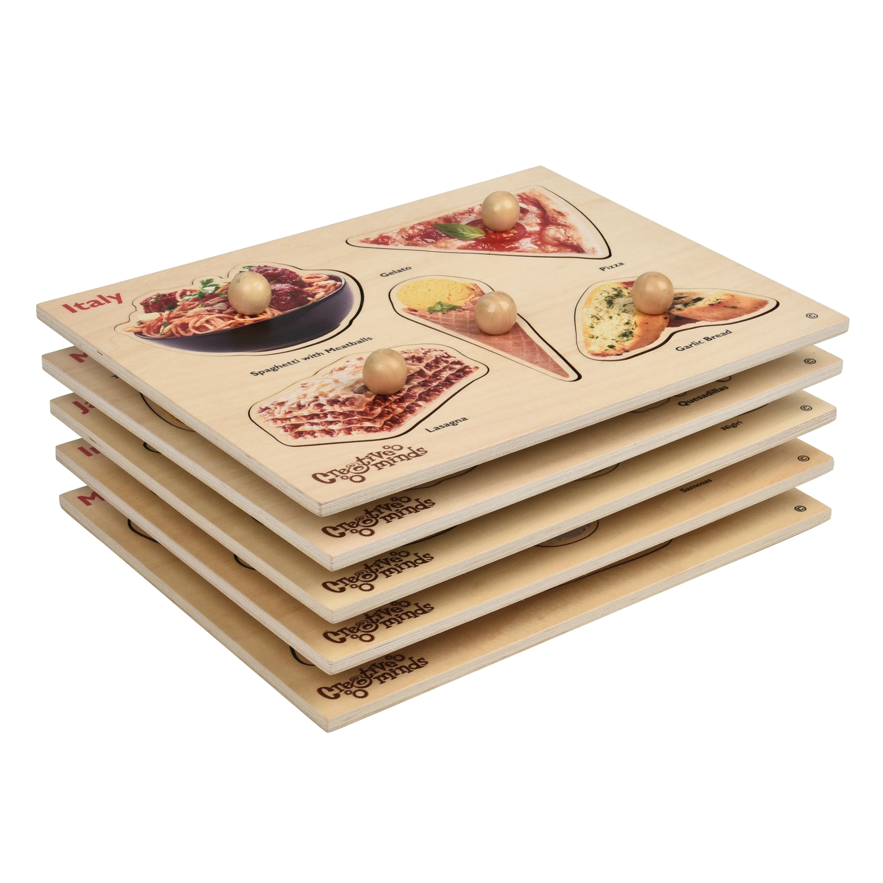 Cultural Food Wooden Knob Puzzle 5-Piece Set | Global Cuisine Toddler Peg Puzzles - Image 4