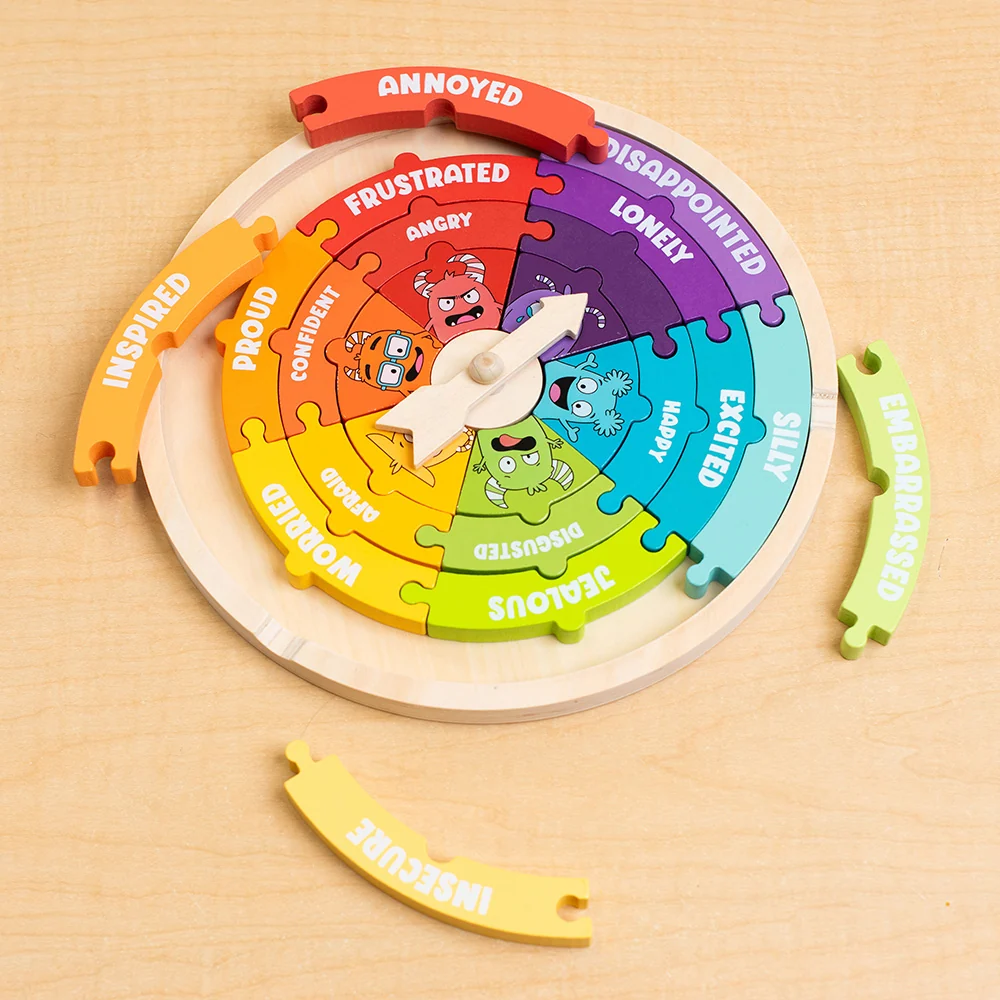 Wooden Emotions Learning Wheel | 3-in-1 Feelings Puzzle & Spinner Game