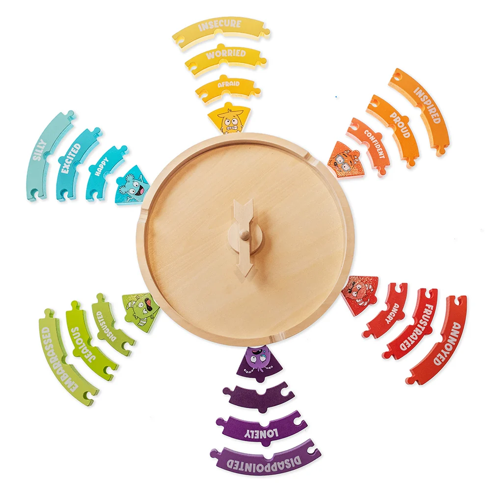 Wooden Emotions Learning Wheel | 3-in-1 Feelings Puzzle & Spinner Game - Image 2