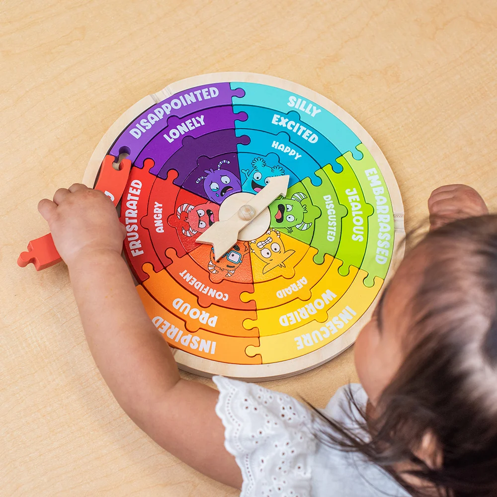 Wooden Emotions Learning Wheel | 3-in-1 Feelings Puzzle & Spinner Game - Image 3