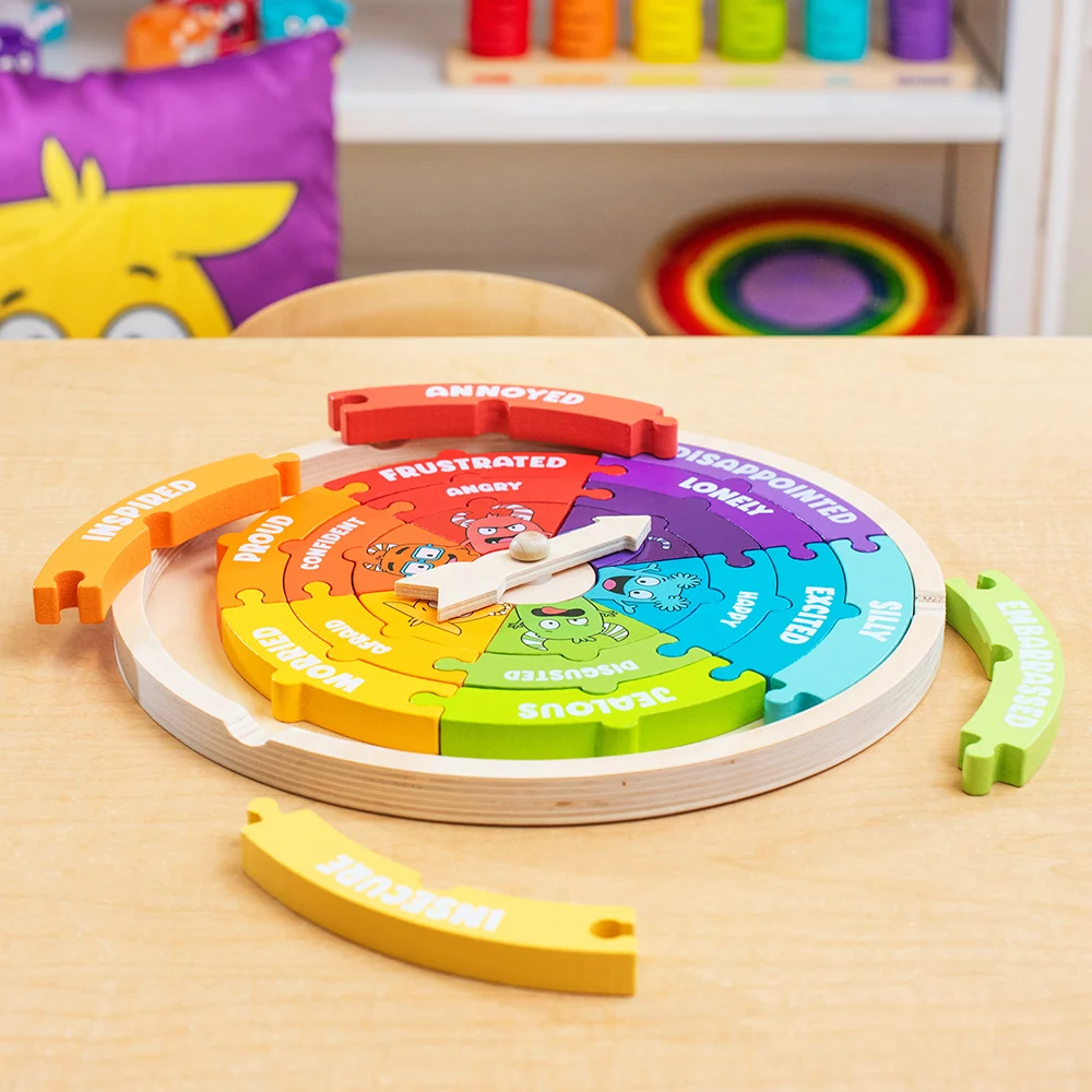Wooden Emotions Learning Wheel | 3-in-1 Feelings Puzzle & Spinner Game - Image 4