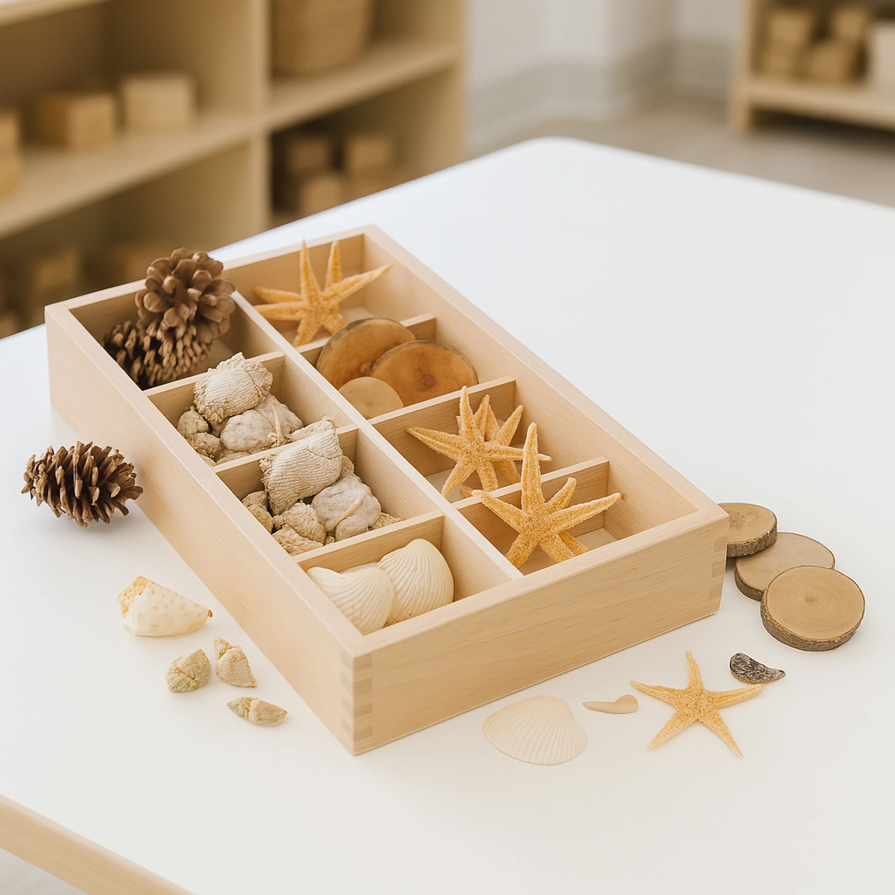Includes Star Fish, Seashells, Pine Cones, and Tree Rings to sort and classify in the included Wood Sorting Box.