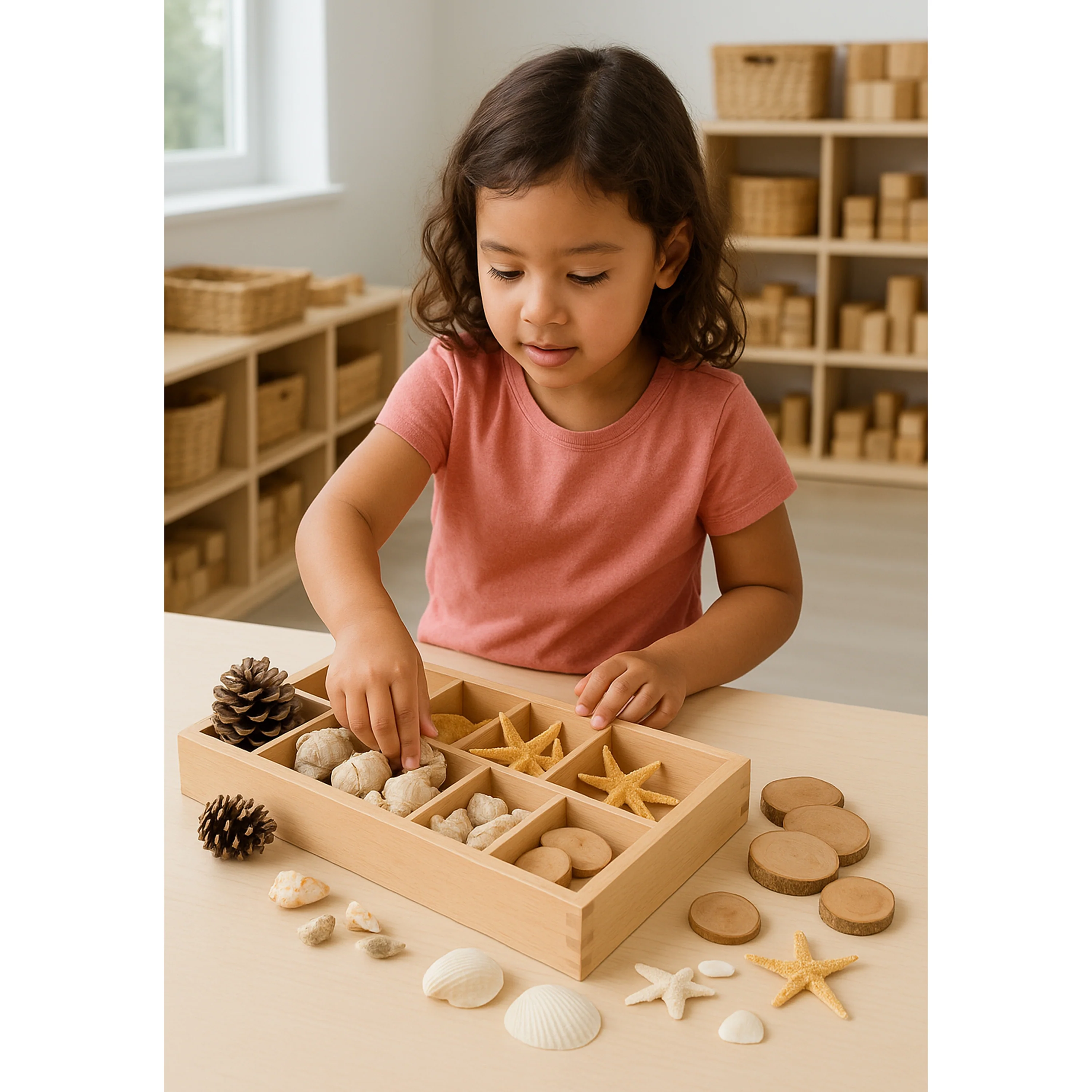 Includes Star Fish, Seashells, Pine Cones, and Tree Rings to sort and classify in the included Wood Sorting Box. - Image 2
