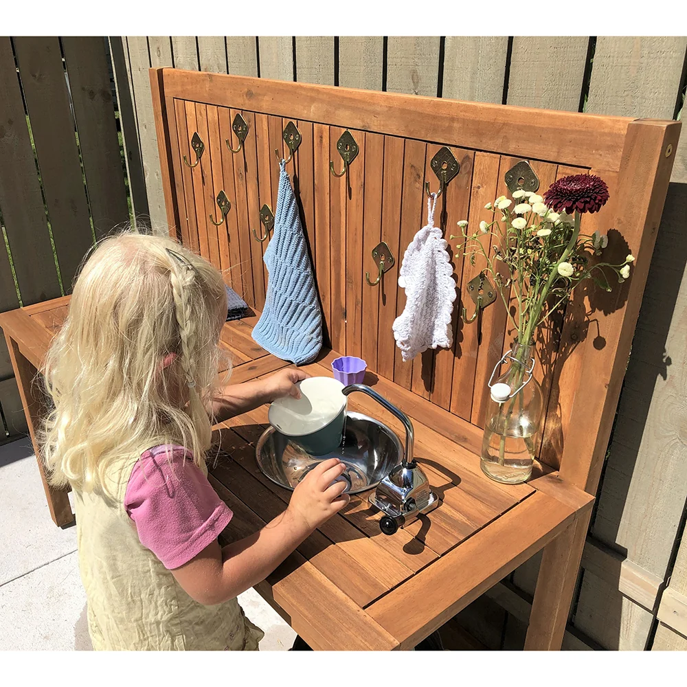 Outdoor Wooden Mud Kitchen with Double Sinks & Pumps | Eucalyptus Sensory Play Station