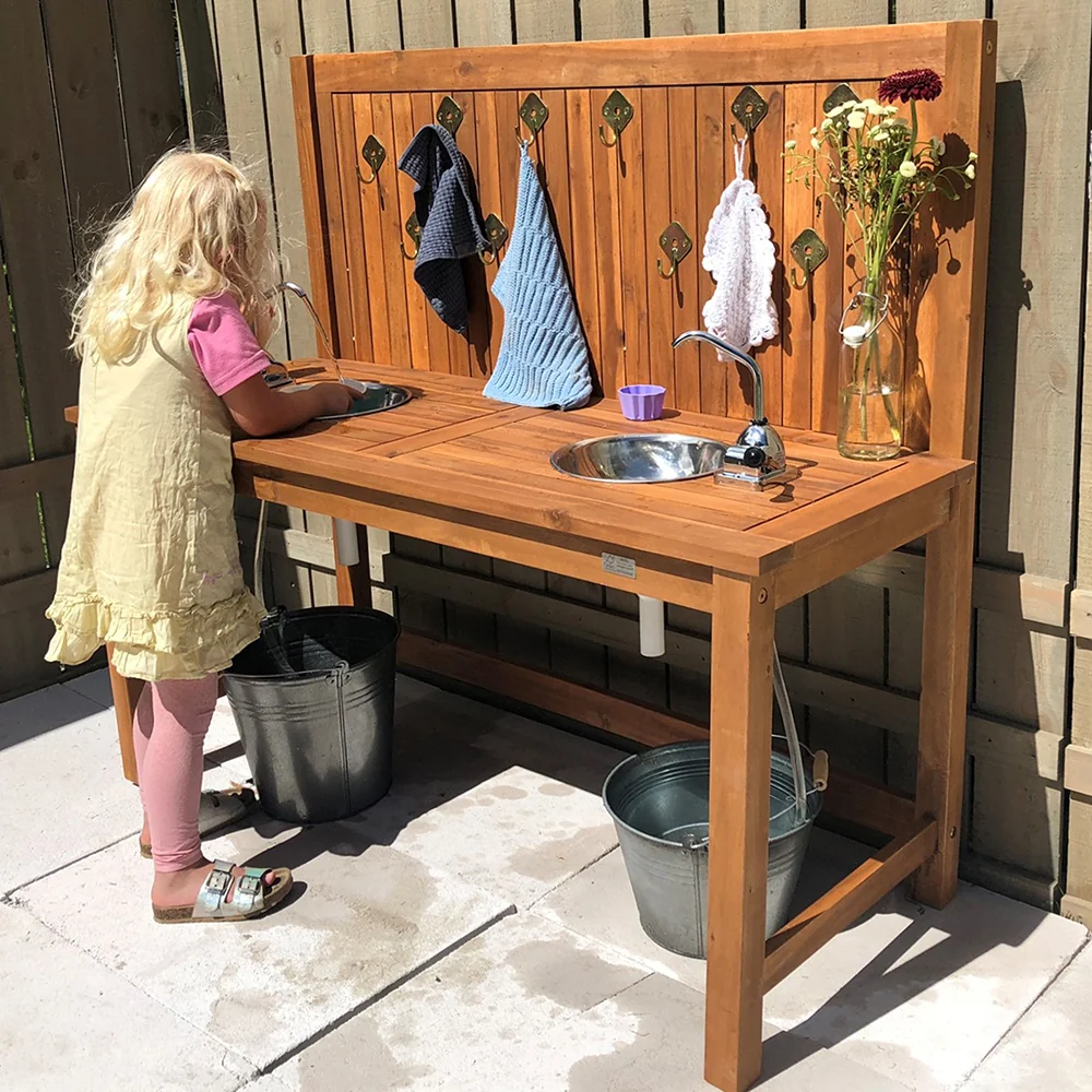 Outdoor Wooden Mud Kitchen with Double Sinks & Pumps | Eucalyptus Sensory Play Station - Image 2