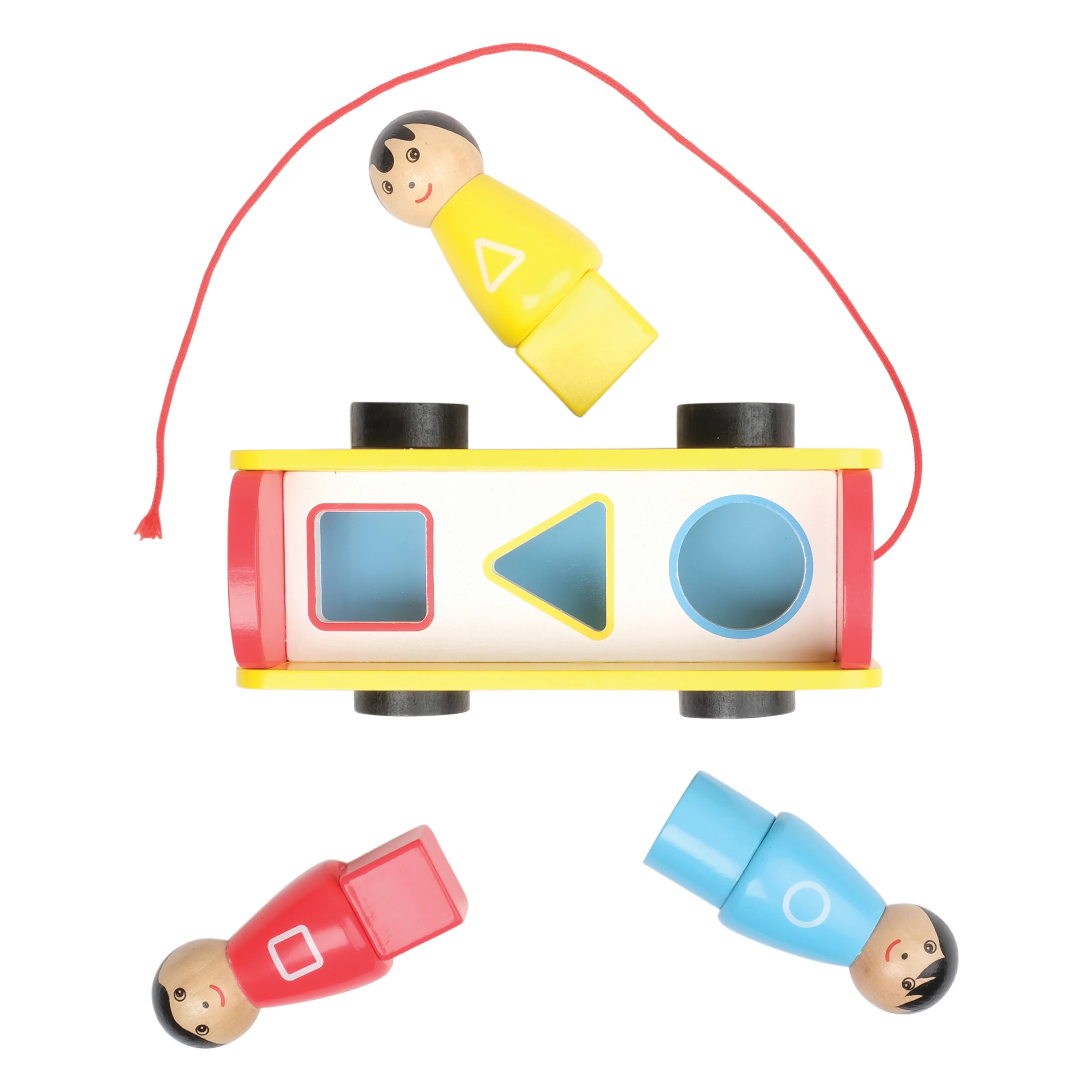 Wooden Pull Along School Bus Toy with Shape Matching Riders - Image 3