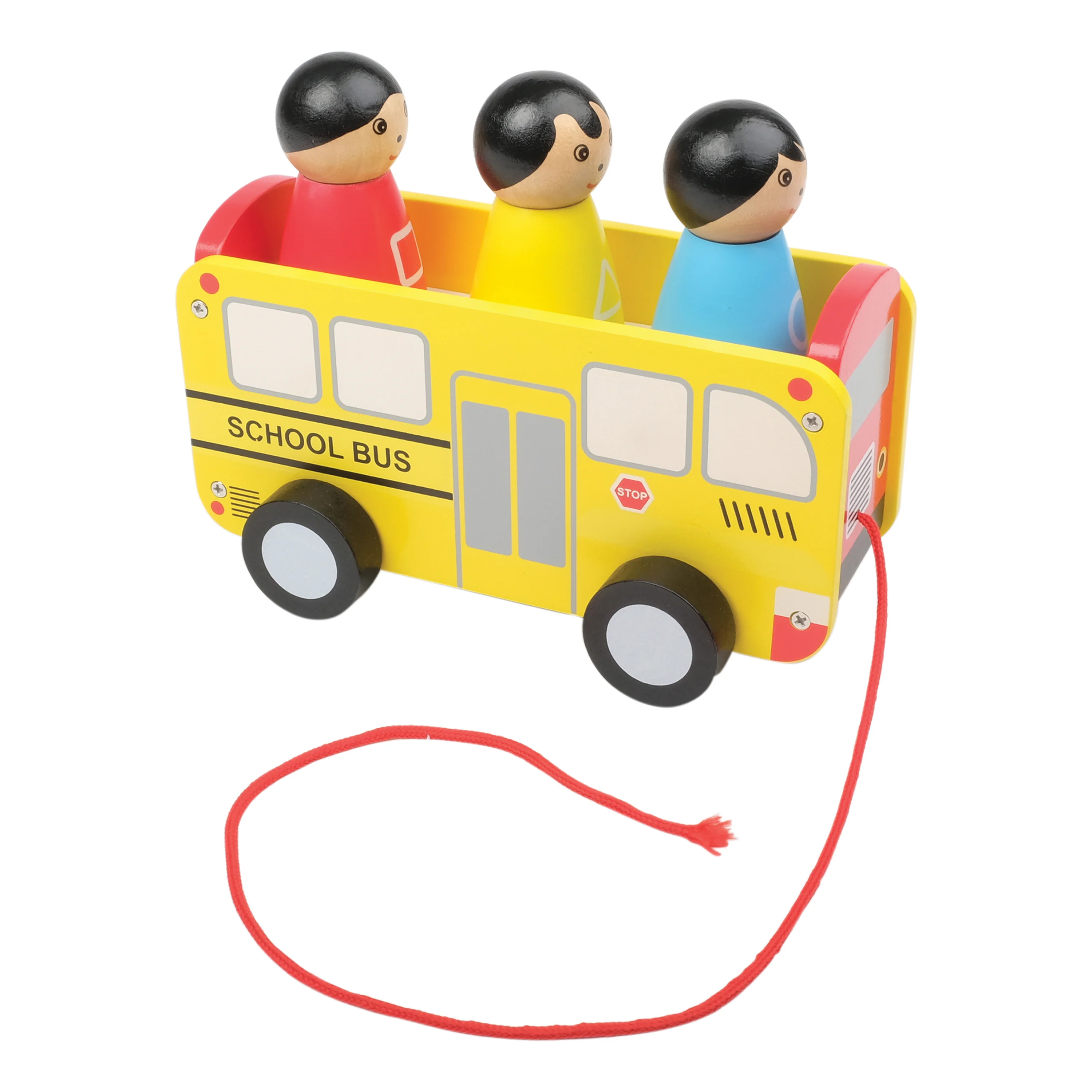 Wooden Pull Along School Bus Toy with Shape Matching Riders - Image 5