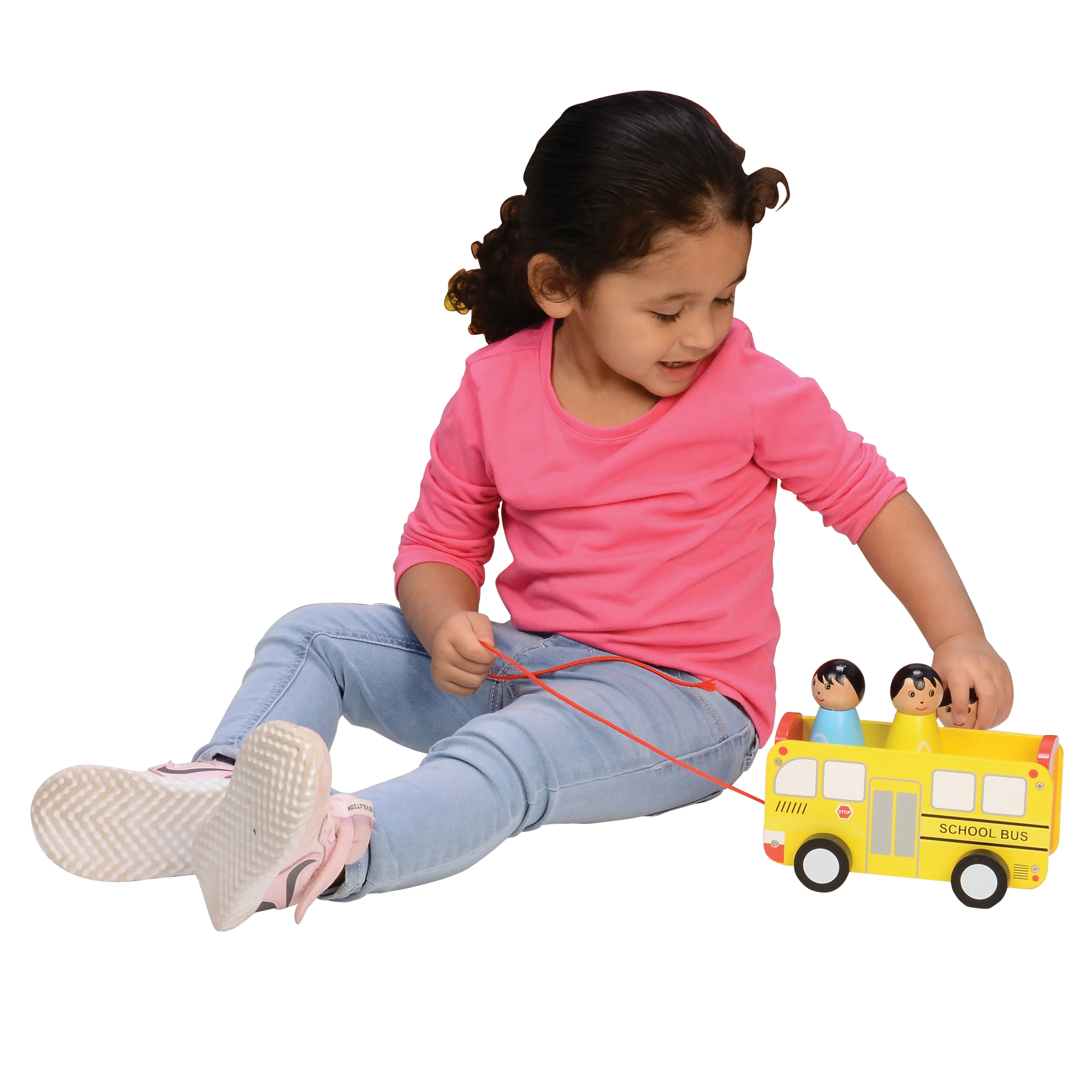 Wooden Pull Along School Bus Toy with Shape Matching Riders - Image 6